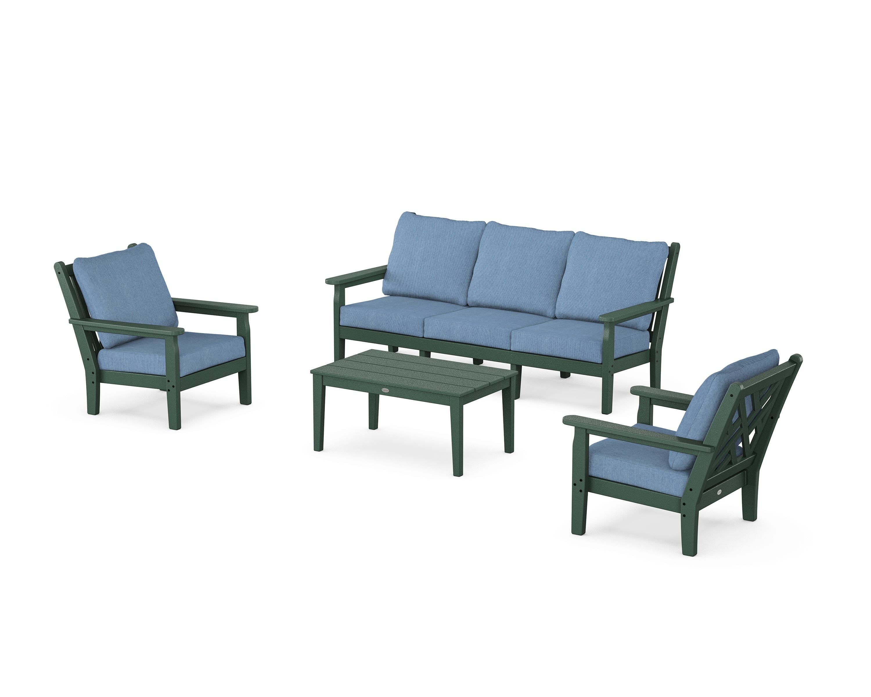 POLYWOOD Chippendale 4-Piece Deep Seating Set with Sofa in Green / Sky Blue