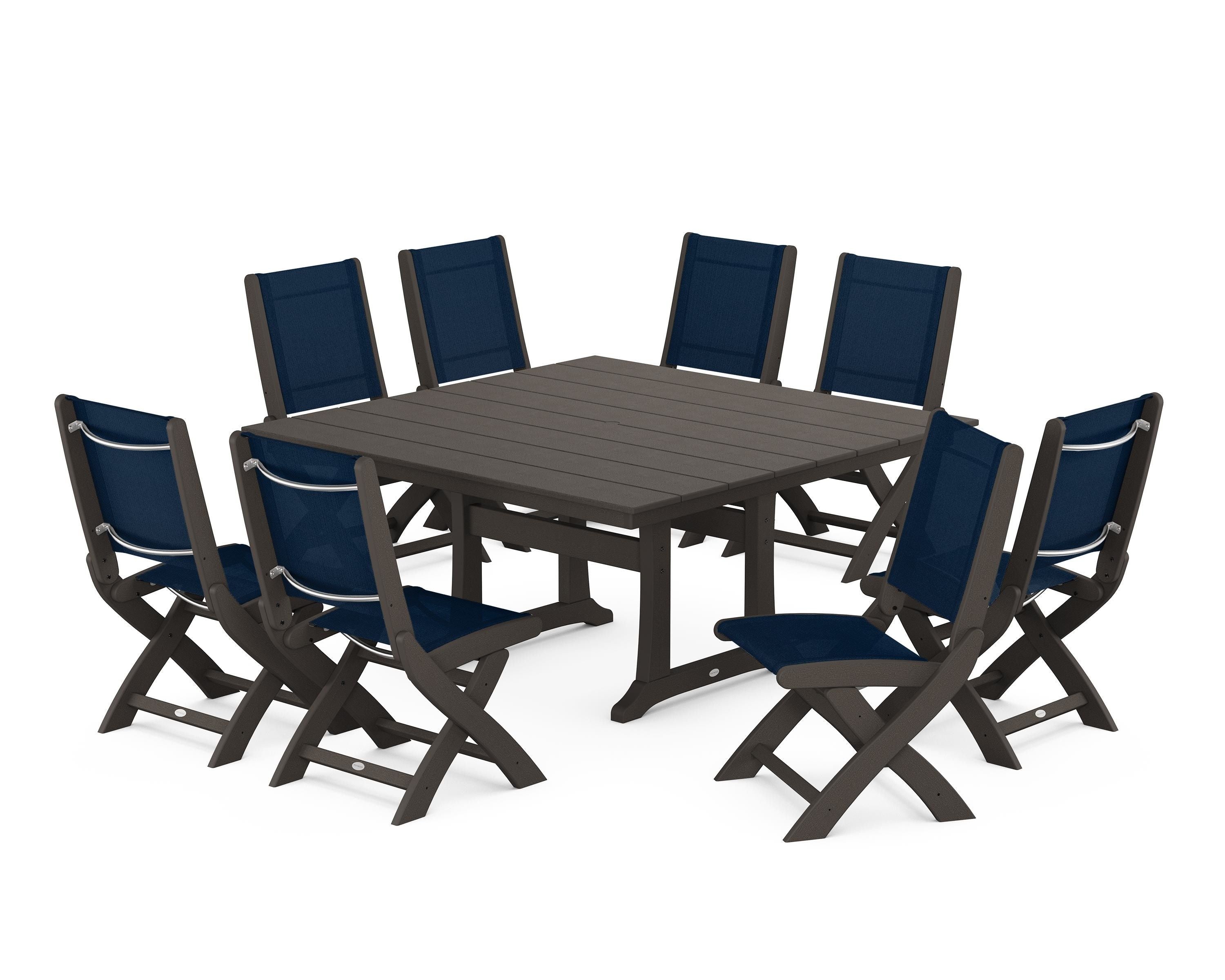 POLYWOOD Coastal Folding Side Chair 9-Piece Farmhouse Dining Set in Vintage Coffee / Navy Blue Sling