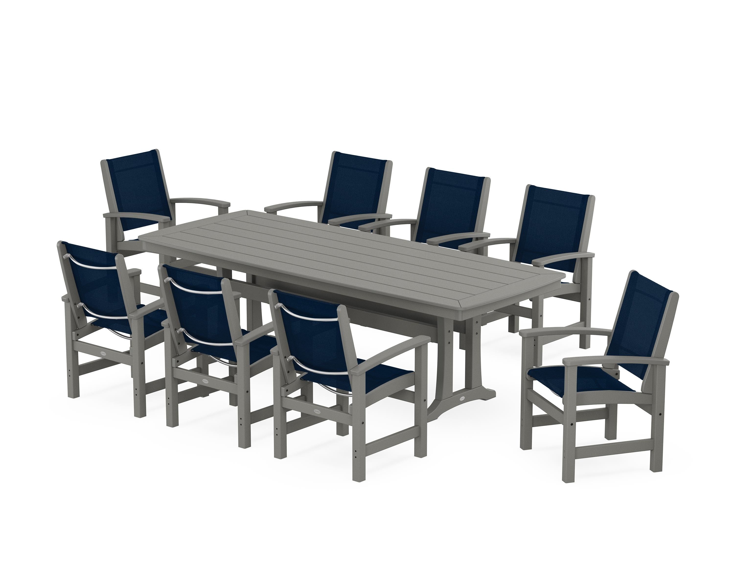 POLYWOOD Coastal 9-Piece Dining Set with Trestle Legs in Slate Grey / Navy Blue Sling