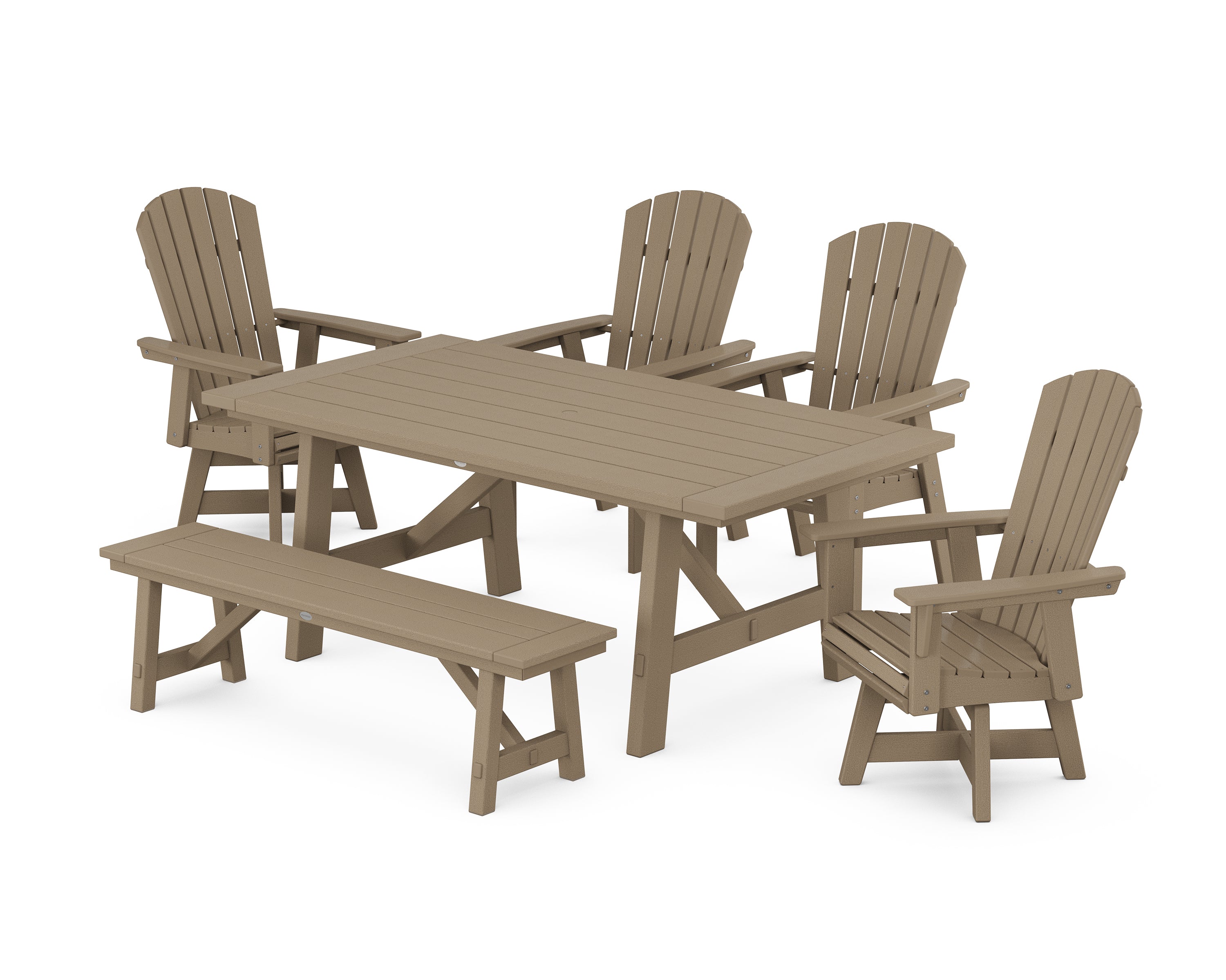 POLYWOOD® Nautical Adirondack Swivel 6-Piece Rustic Farmhouse Dining Set With Trestle Legs in Vintage Sahara