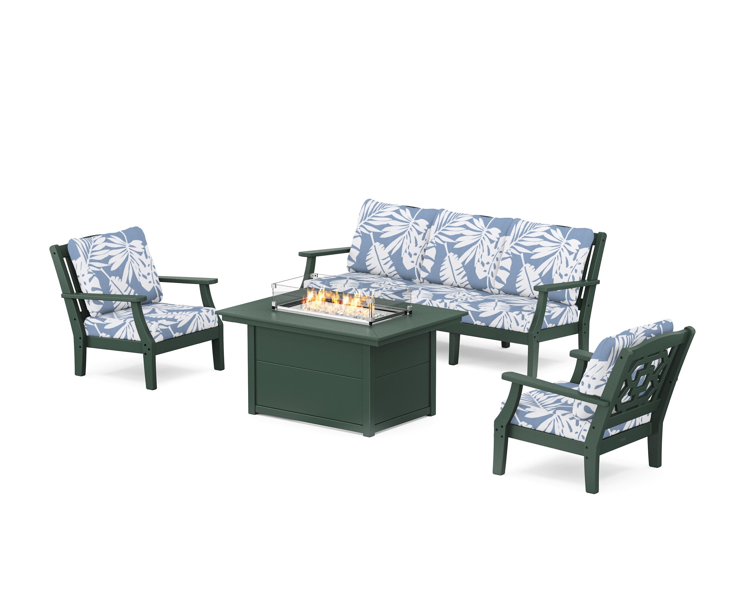 Martha Stewart by POLYWOOD Chinoiserie Deep Seating Fire Pit Table Set in Green / Leaf Sky Blue