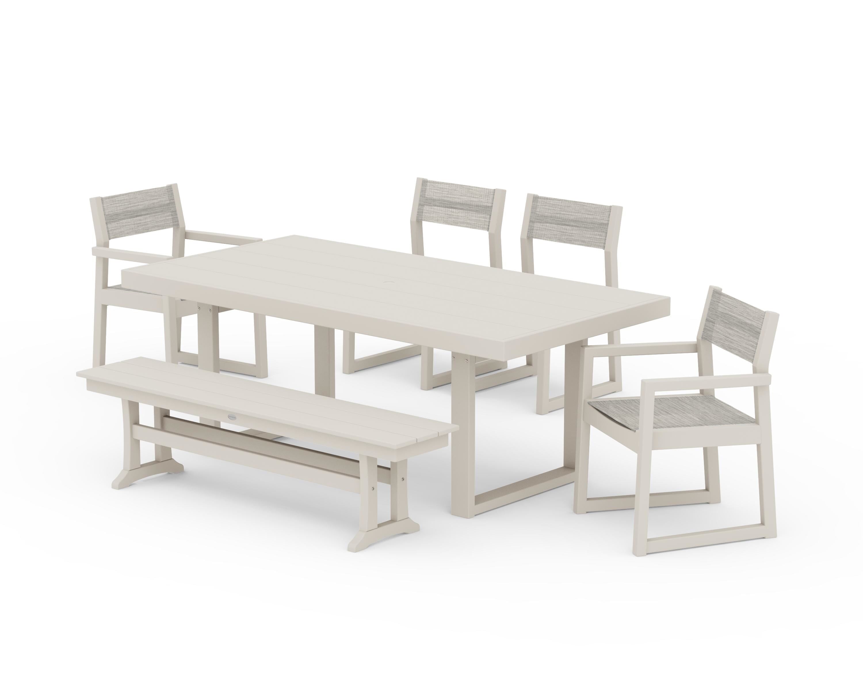 POLYWOOD EDGE Sling 6-Piece Dining Set with Bench in Sand / Birch Sling