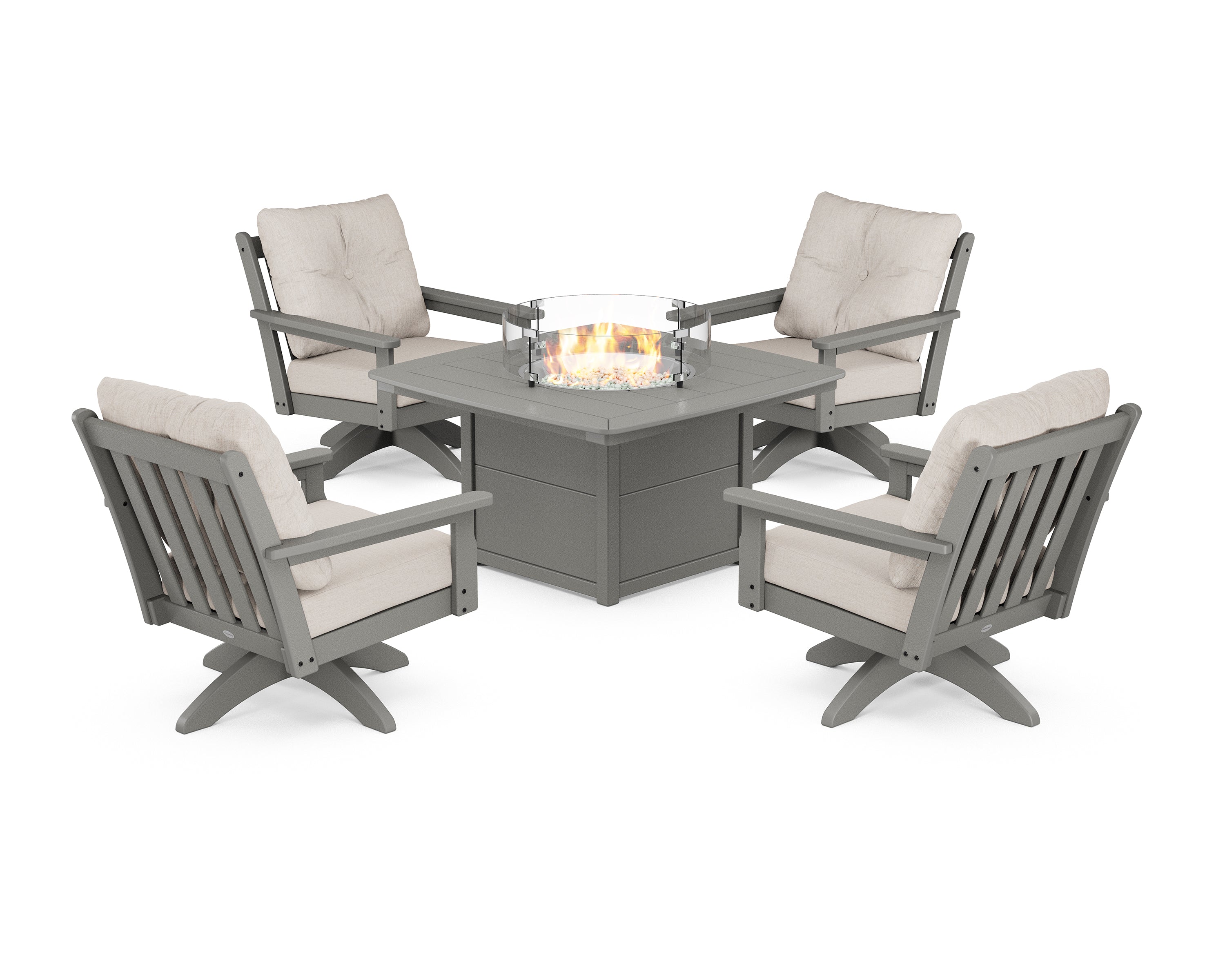 POLYWOOD Vineyard 5-Piece Deep Seating Swivel Conversation Set with Fire Pit Table in Slate Grey / Cast Ash