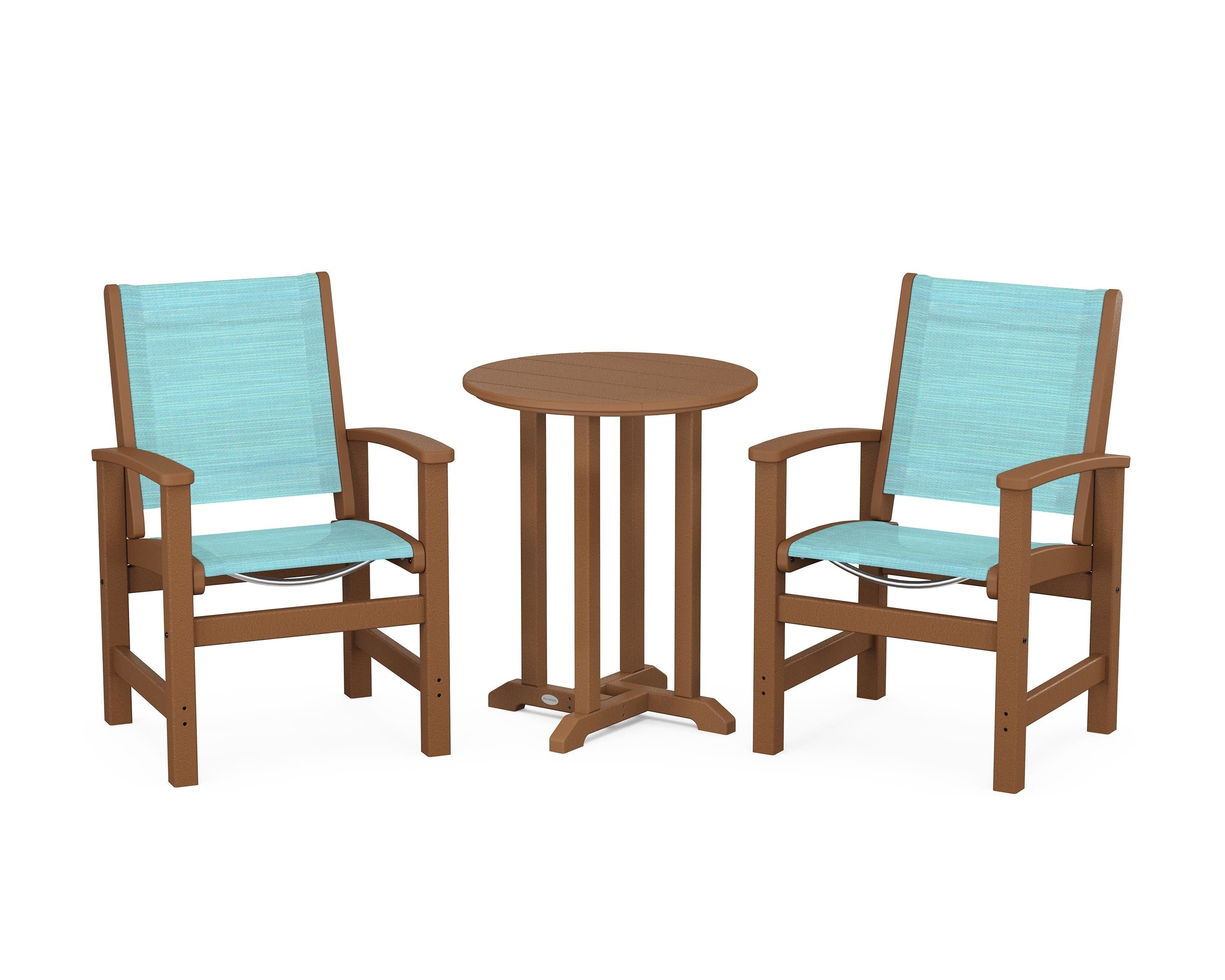POLYWOOD Coastal 3-Piece Round Bistro Dining Set in Teak / Dupioni Aquamarine Sling
