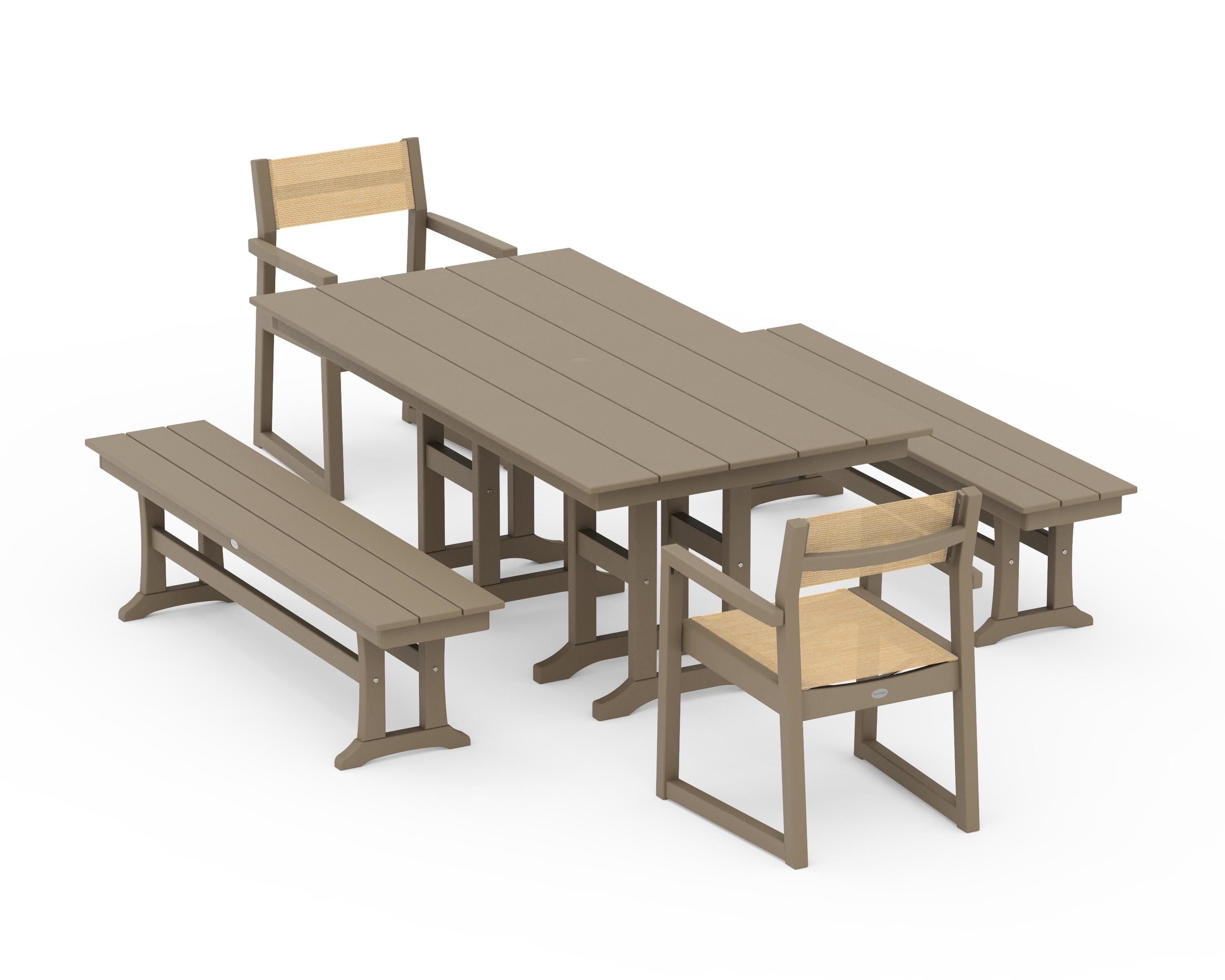 POLYWOOD EDGE Sling Arm Chair 5-Piece Farmhouse Dining Set with Benches in Vintage Sahara / Dupioni Apricot Sling