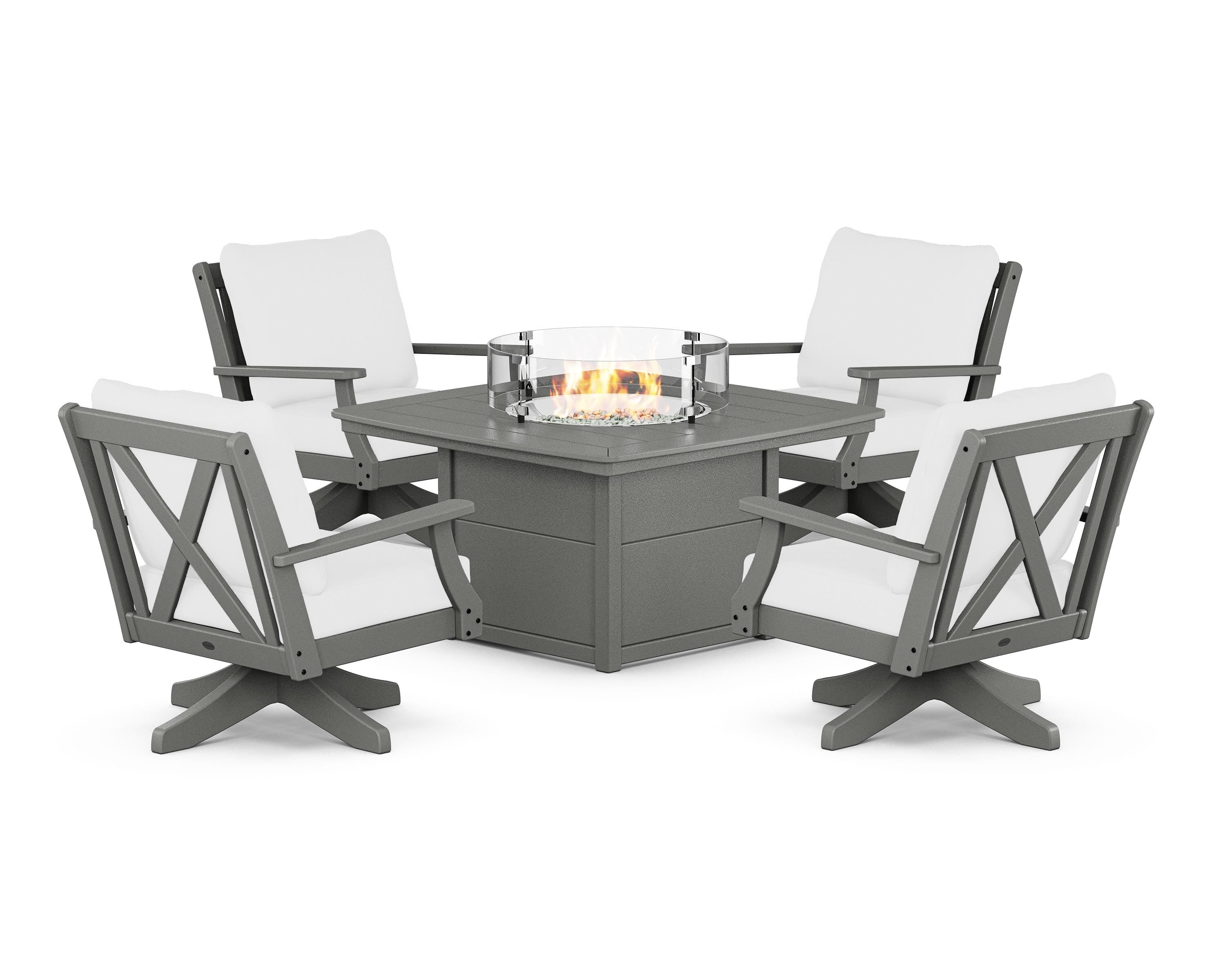 POLYWOOD Braxton 5-Piece Deep Seating Swivel Conversation Set with Fire Pit Table in Slate Grey / Natural