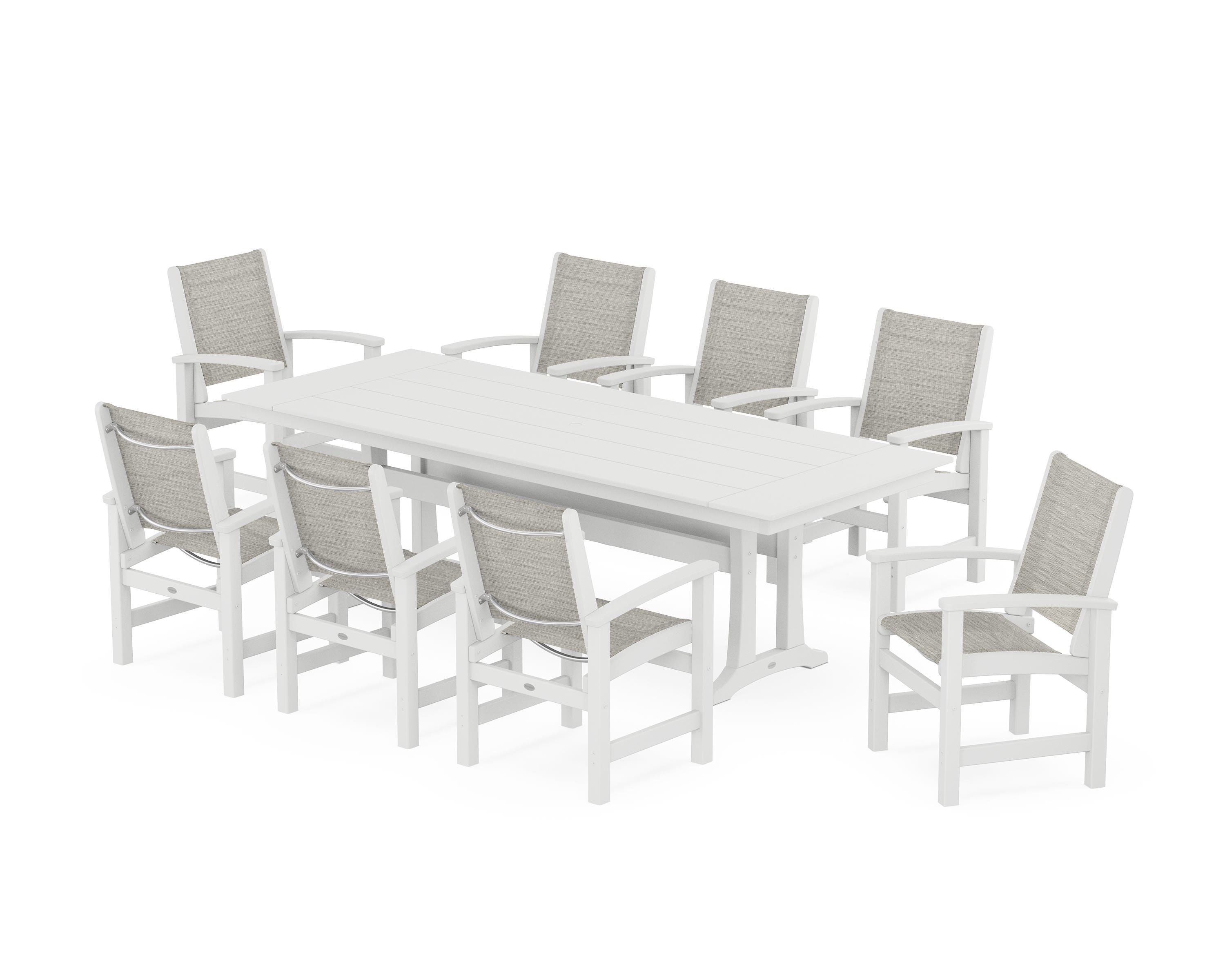 POLYWOOD Coastal 9-Piece Farmhouse Dining Set with Trestle Legs in White / Birch Sling