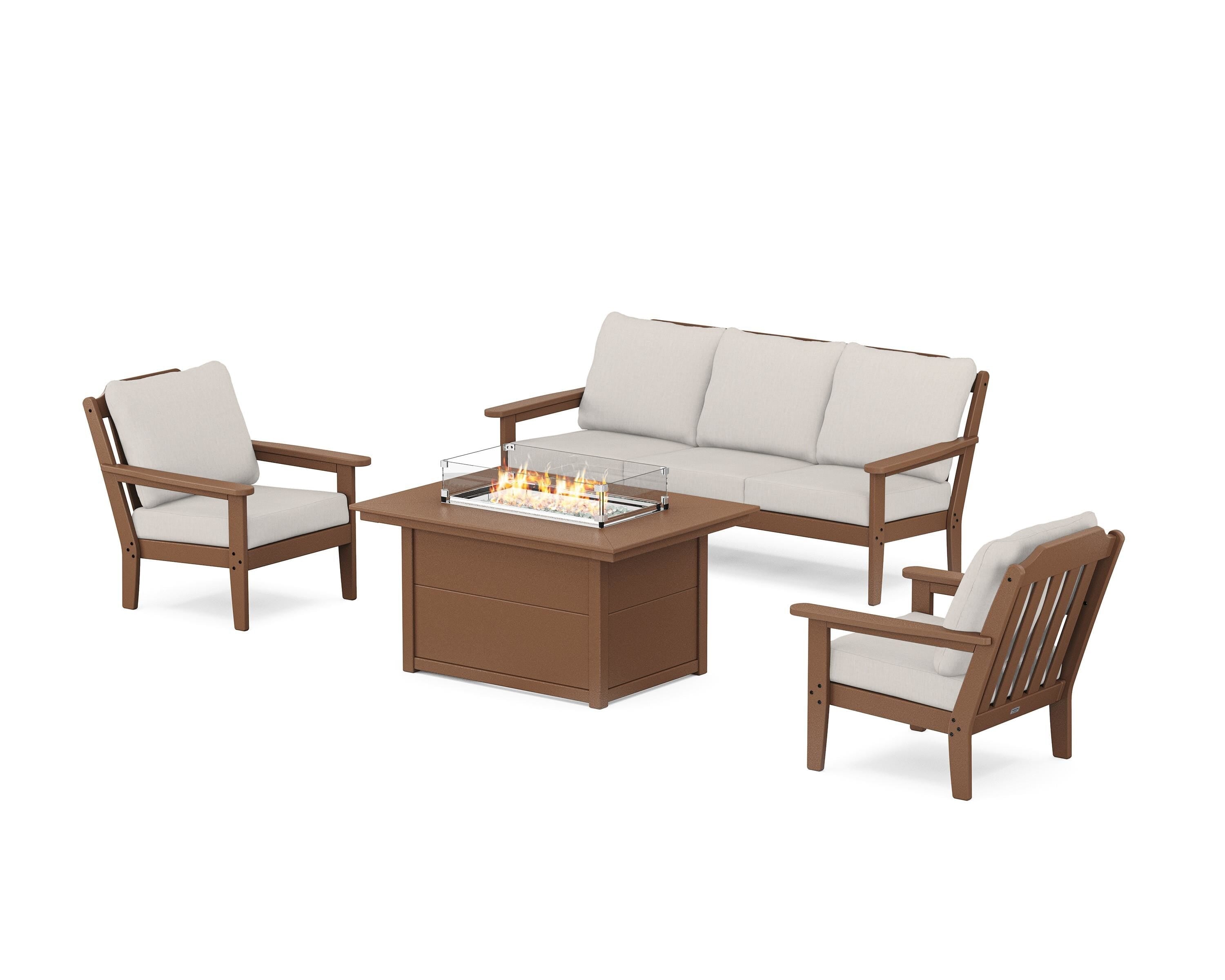 Country Living Cottage Deep Seating Fire Pit Table Set in Teak / Cast Ash
