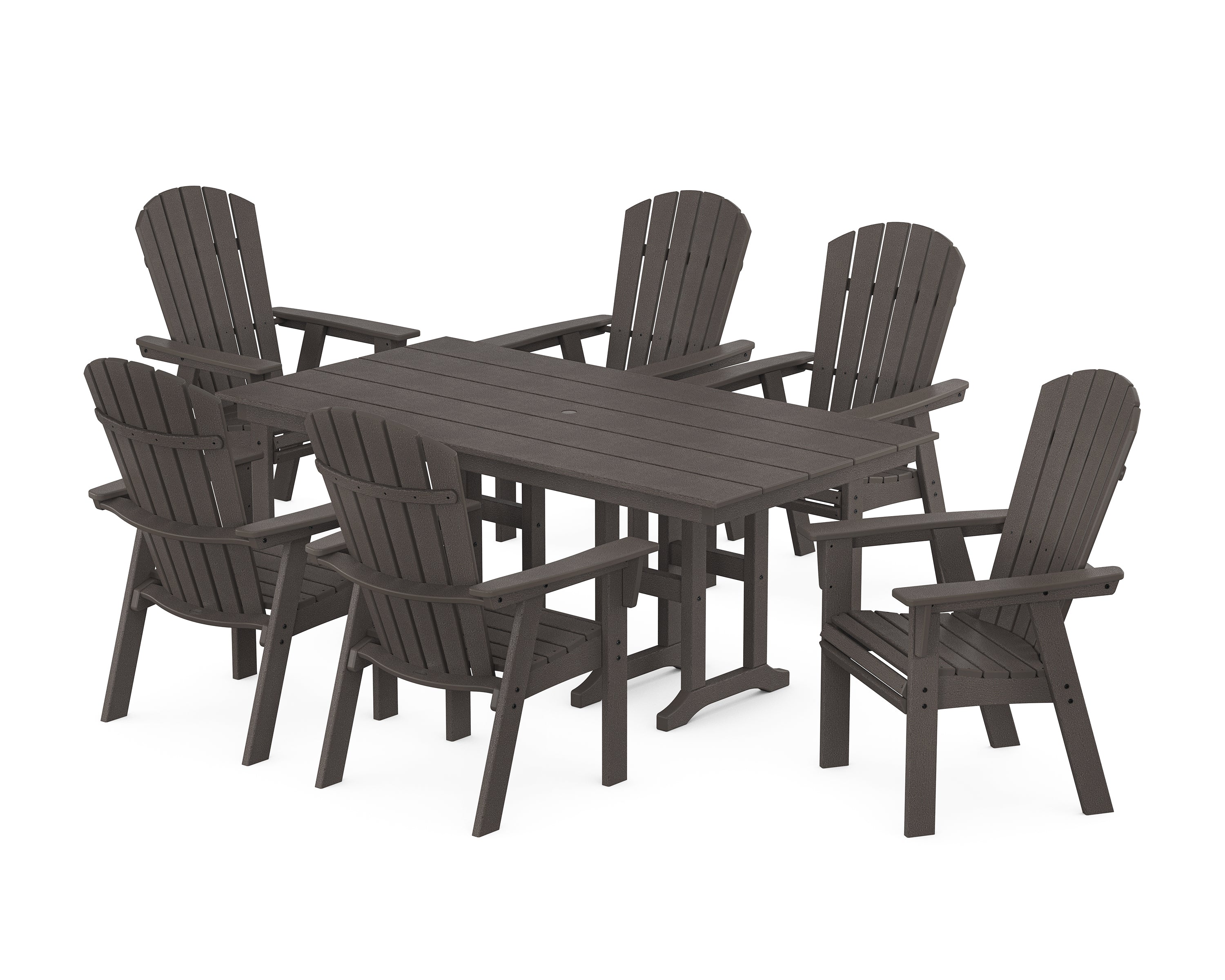 POLYWOOD Nautical Curveback Adirondack 7-Piece Farmhouse Dining Set in Vintage Coffee
