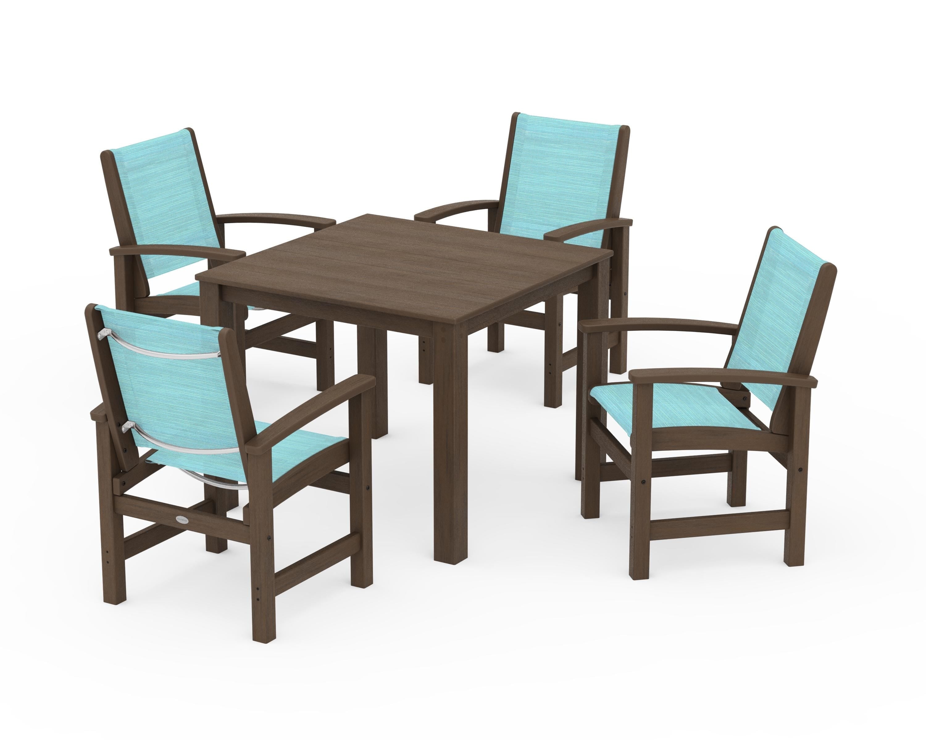 POLYWOOD Coastal 5-Piece Parsons Dining Set in Kona / Dupioni Aquamarine Sling