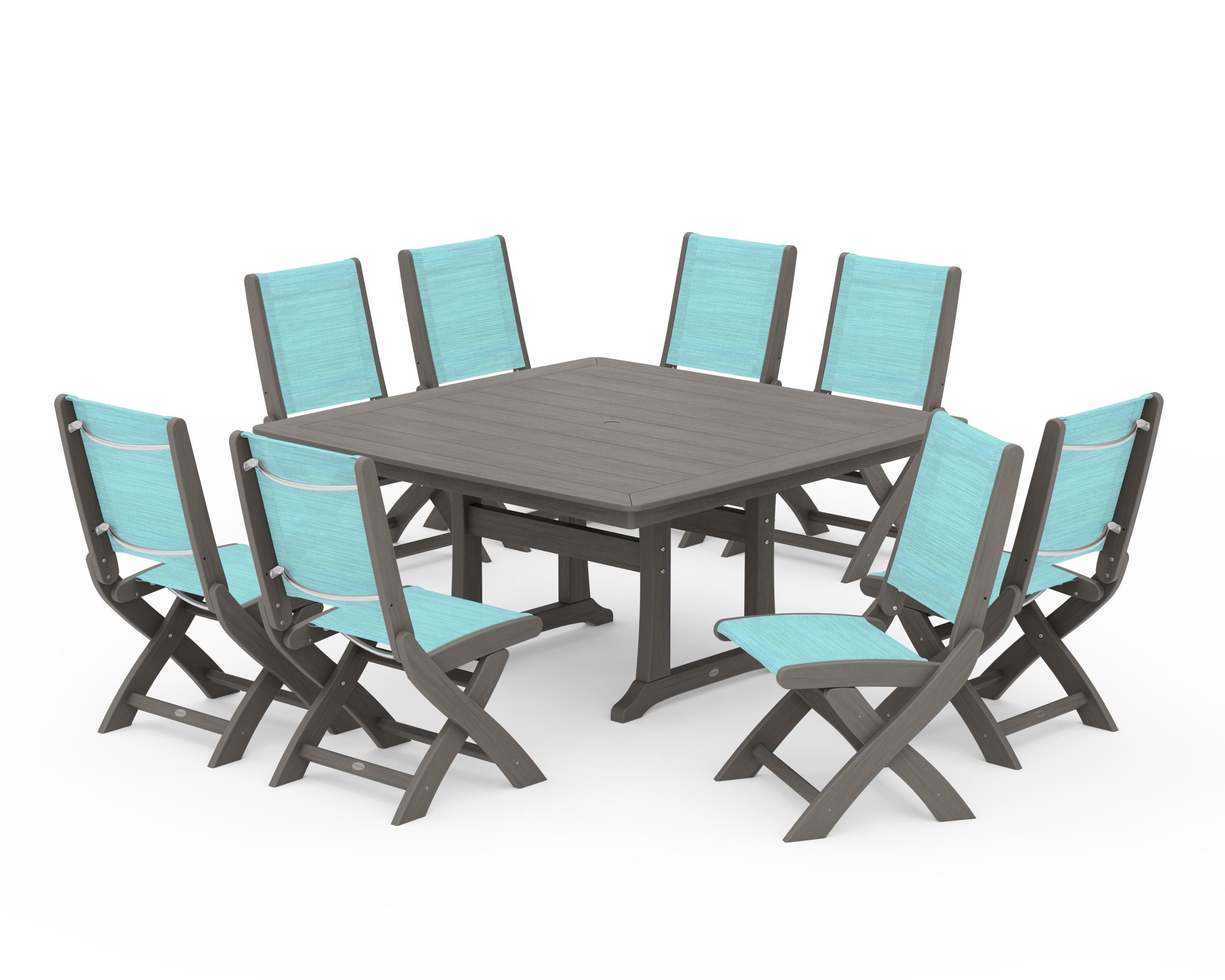 POLYWOOD Coastal Folding Side Chair 9-Piece Dining Set with Trestle Legs in Driftwood / Dupioni Aquamarine Sling