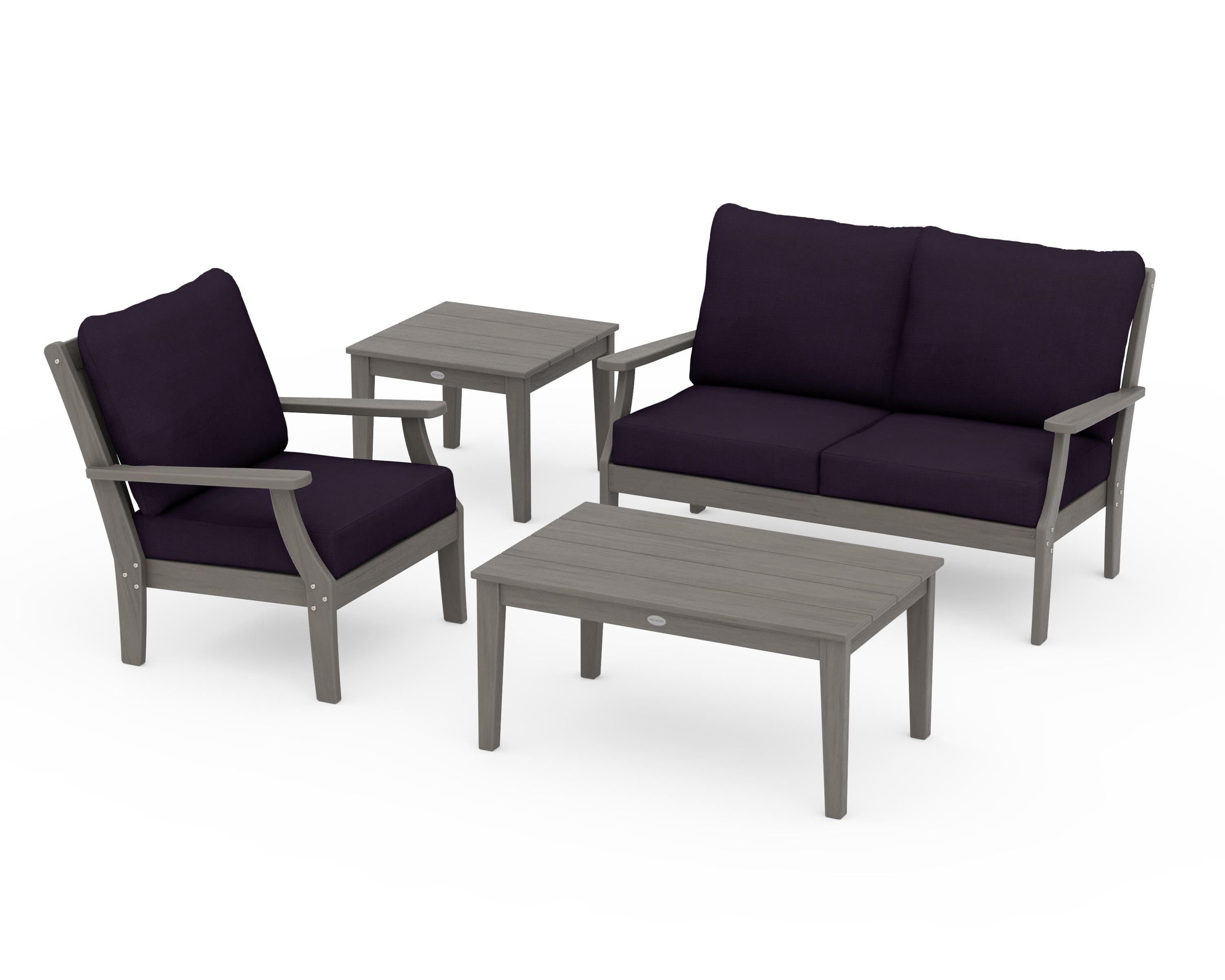 POLYWOOD Braxton 4-Piece Deep Seating Set in Driftwood / Navy Linen