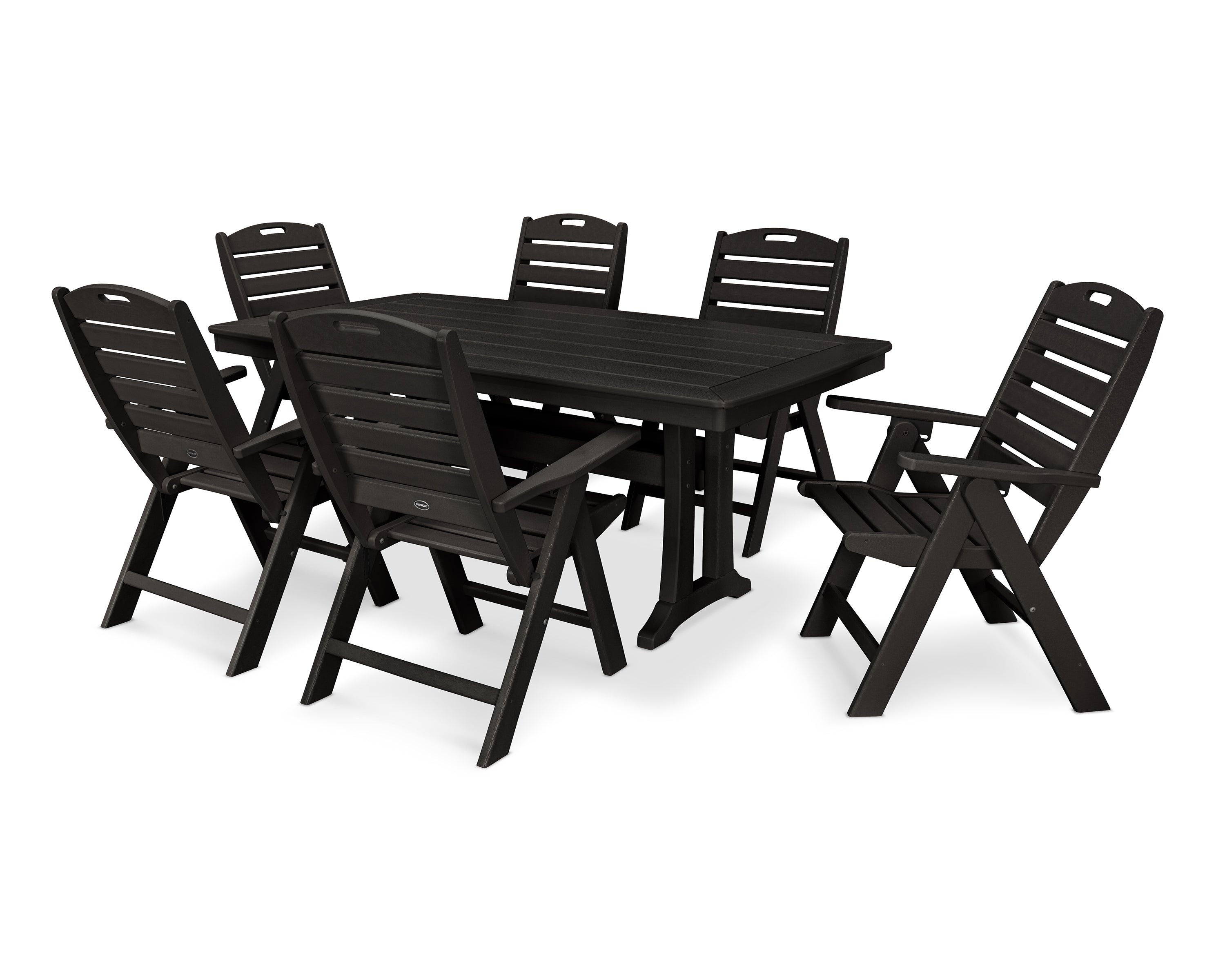 POLYWOOD Nautical Folding Highback Chair 7-Piece Dining Set with Trestle Legs in Black