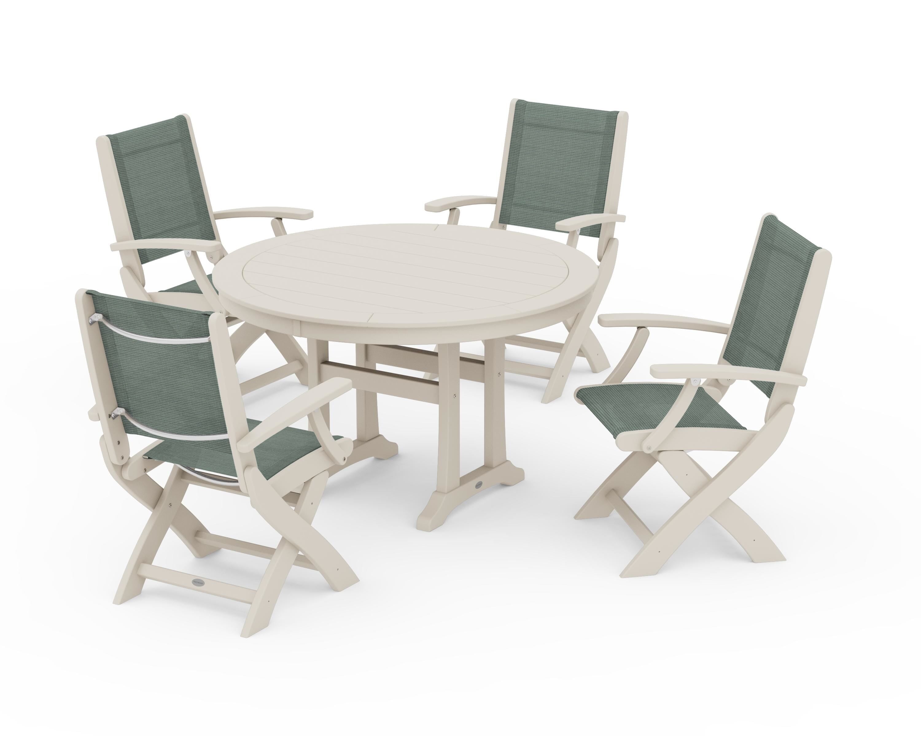 POLYWOOD Coastal Folding Chair 5-Piece Round Dining Set with Trestle Legs in Sand / Dupioni Sea Mist Sling