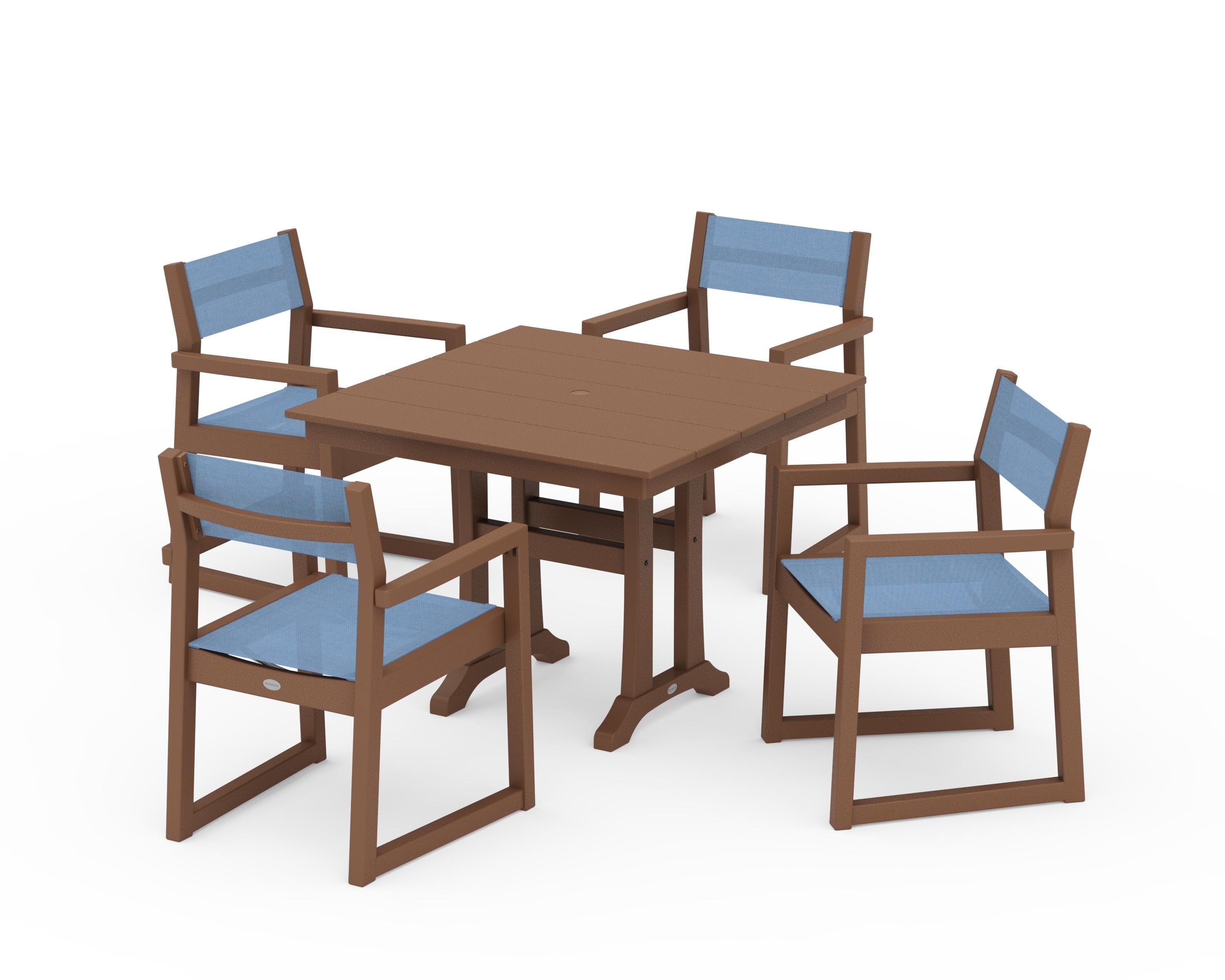 POLYWOOD EDGE Sling 5-Piece Farmhouse Dining Set with Trestle Legs in Teak / Poolside Sling