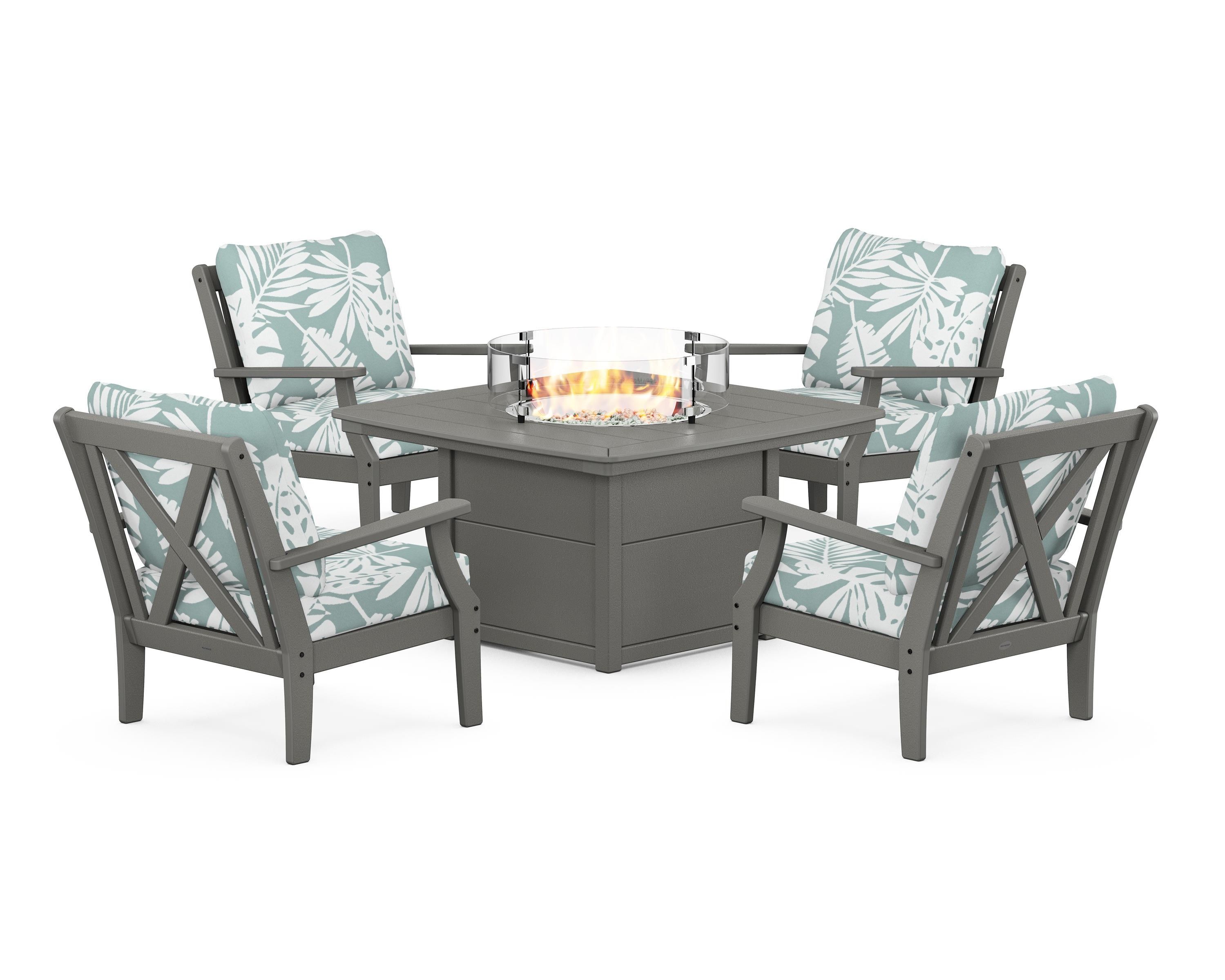 POLYWOOD Braxton 5-Piece Deep Seating Conversation Set with Fire Pit Table in Slate Grey / Leaf Glacier Spa