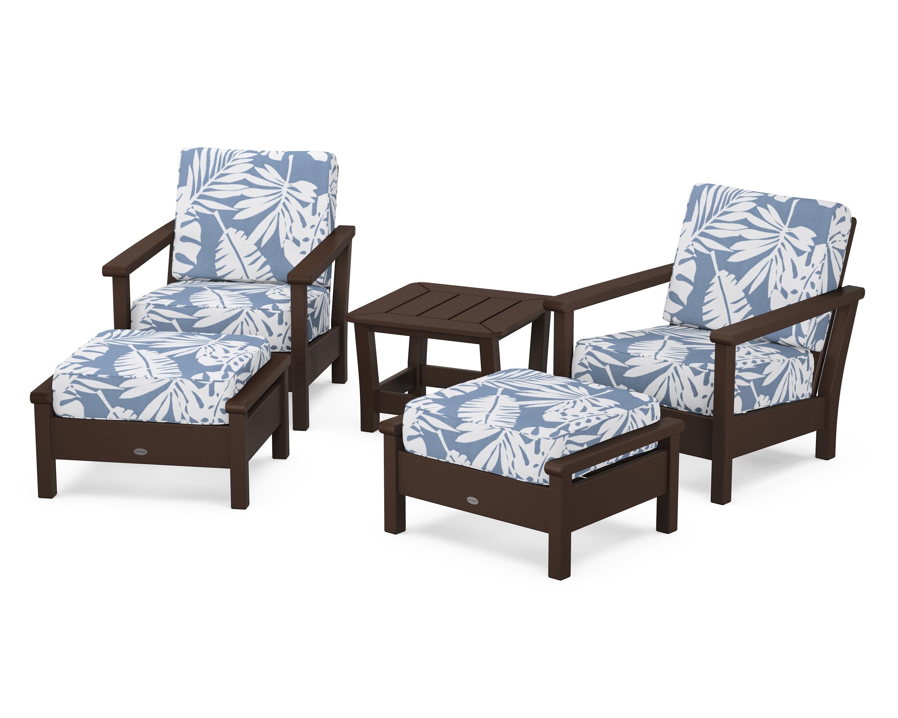 POLYWOOD Harbour 5-Piece Deep Seating Chair Set in Mahogany / Leaf Sky Blue