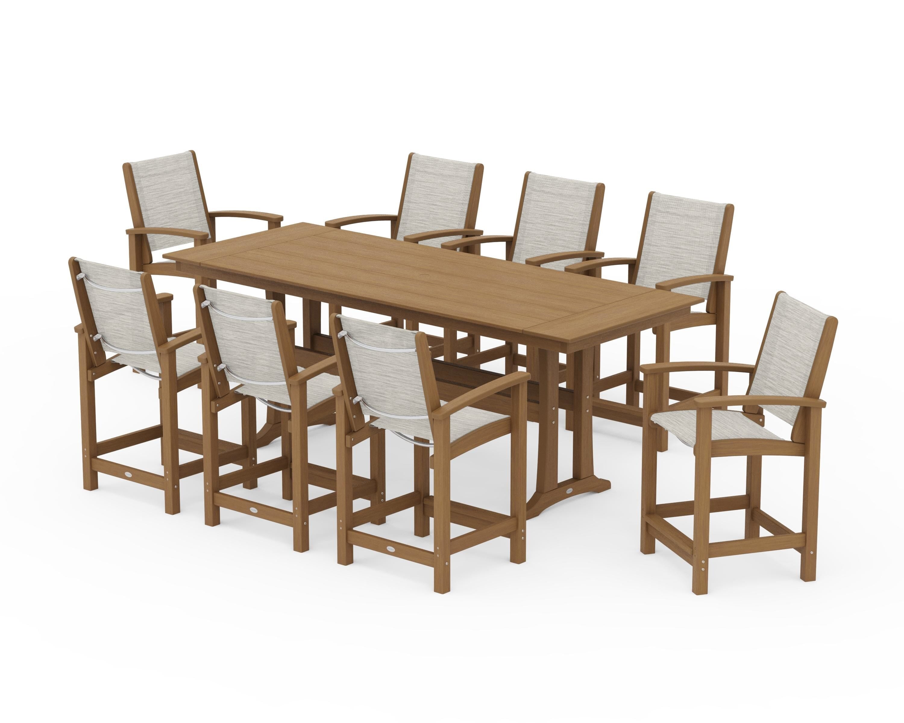 POLYWOOD Coastal 9-Piece Farmhouse Counter Set with Trestle Legs in Natural / Birch Sling