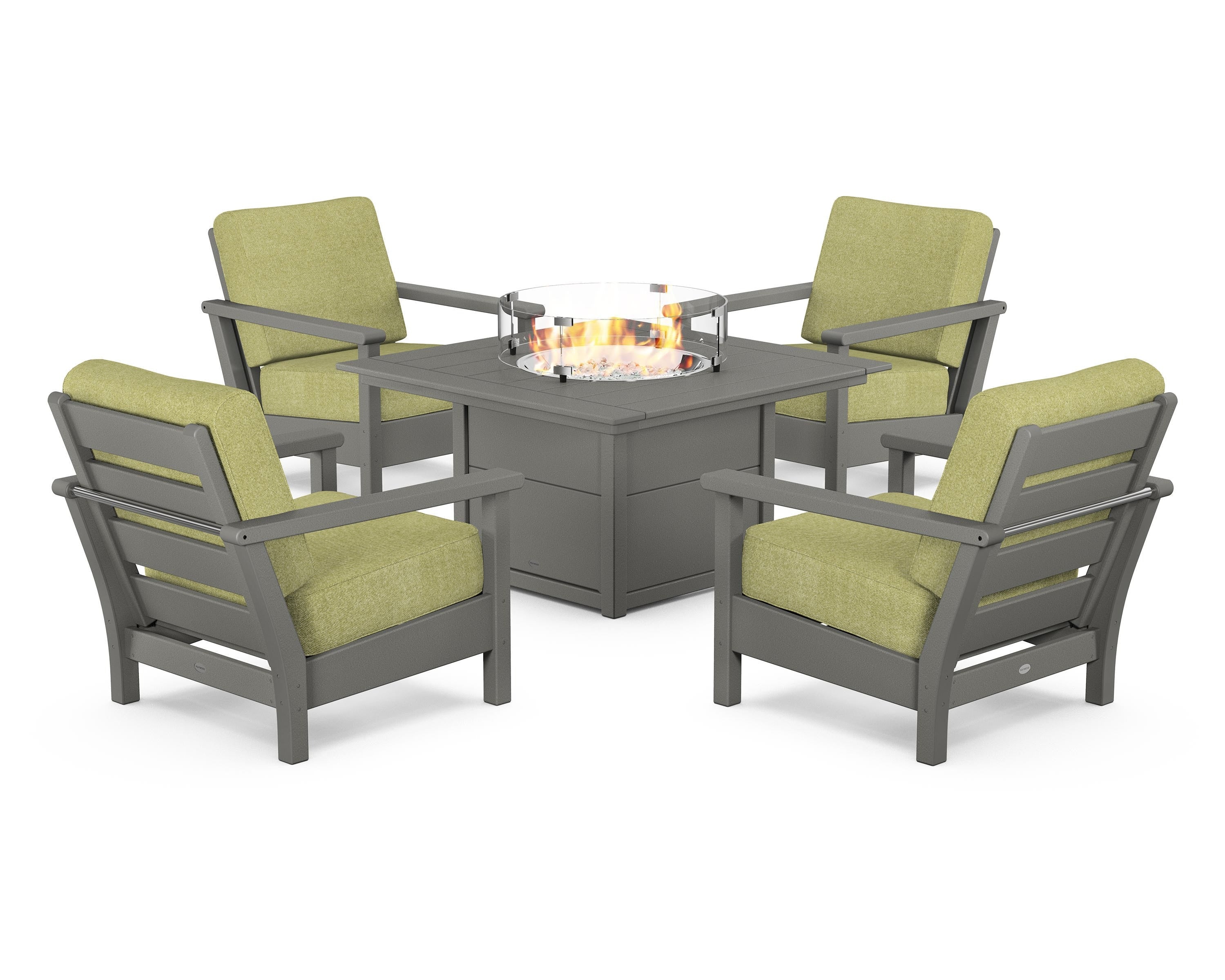 POLYWOOD Harbour 5-Piece Conversation Set with Fire Pit Table in Slate Grey / Chartreuse Boucle