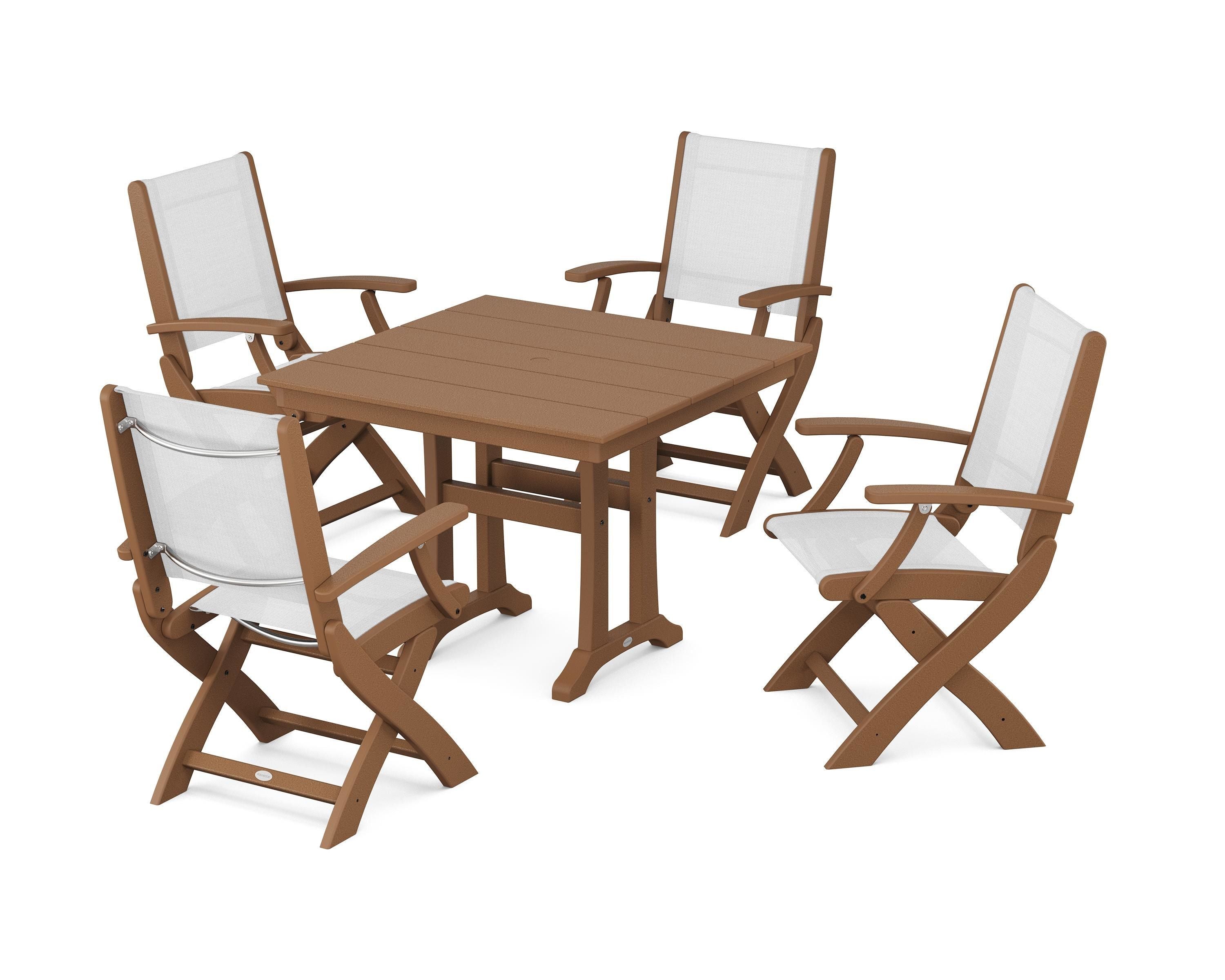 POLYWOOD Coastal Folding Chair 5-Piece Farmhouse Dining Set With Trestle Legs in Teak / White Sling