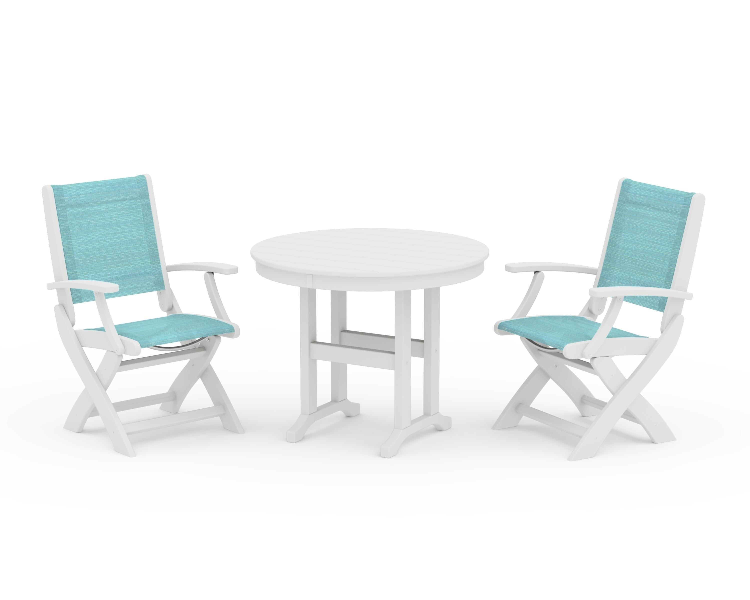 POLYWOOD Coastal Folding Chair 3-Piece Round Dining Set in White / Dupioni Aquamarine Sling