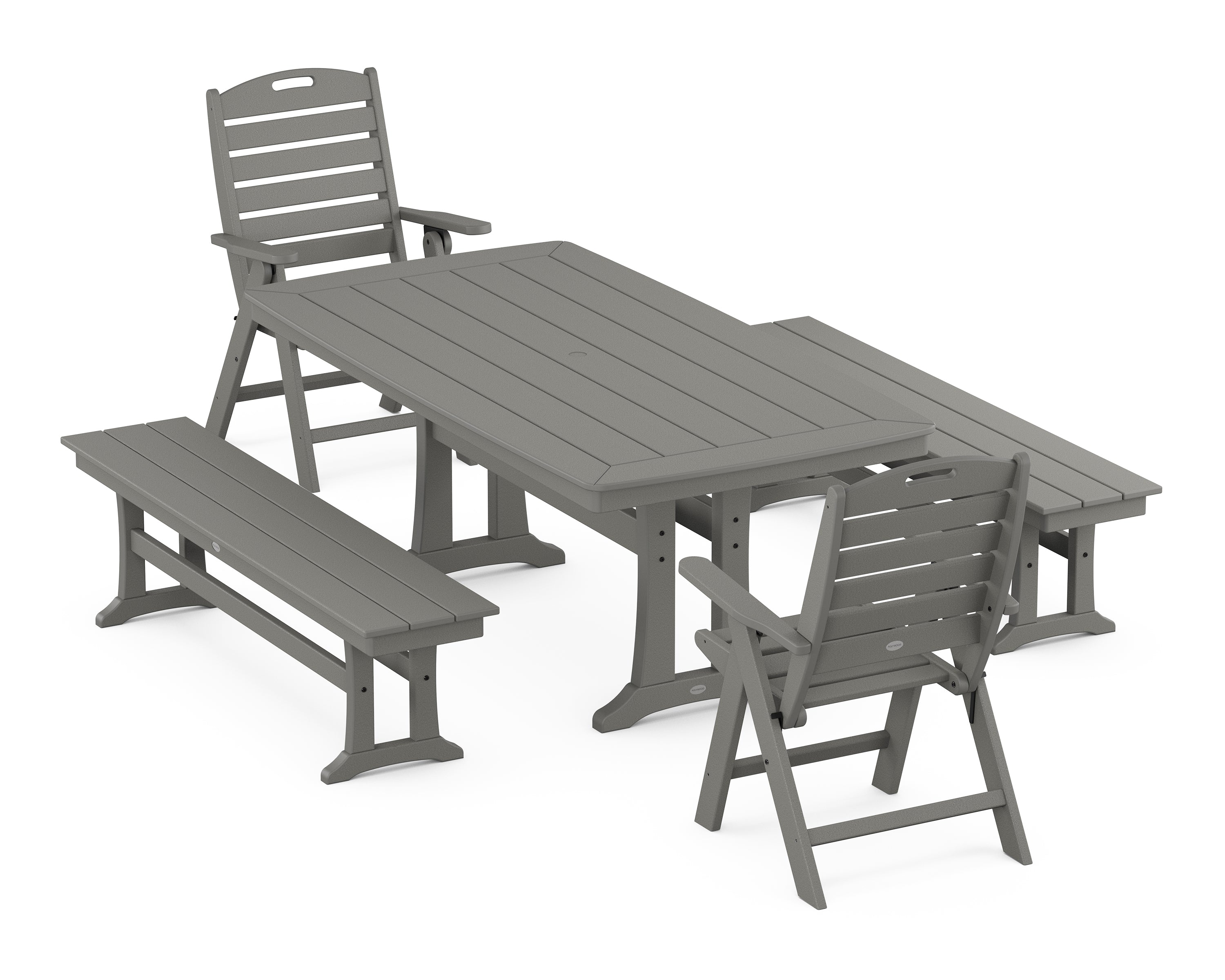 POLYWOOD Nautical Folding Highback Chair 5-Piece Dining Set with Trestle Legs and Benches in Slate Grey