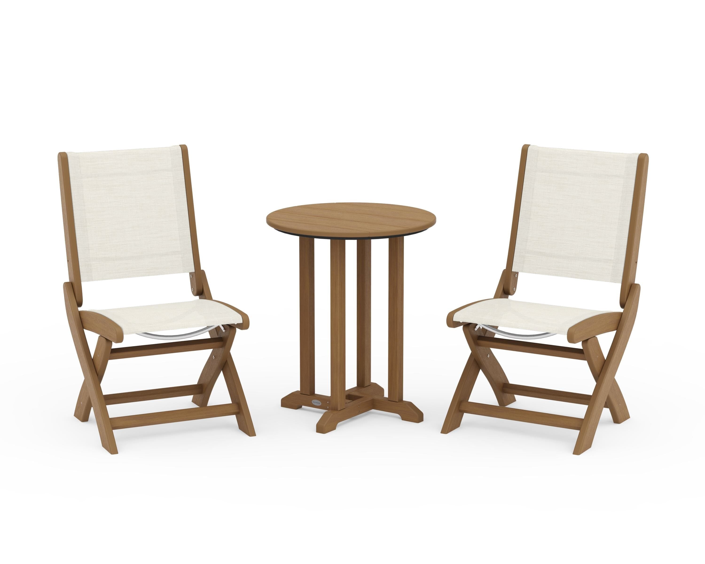 POLYWOOD Coastal Folding Side Chair 3-Piece Round Bistro Dining Set in Natural / Parchment Sling