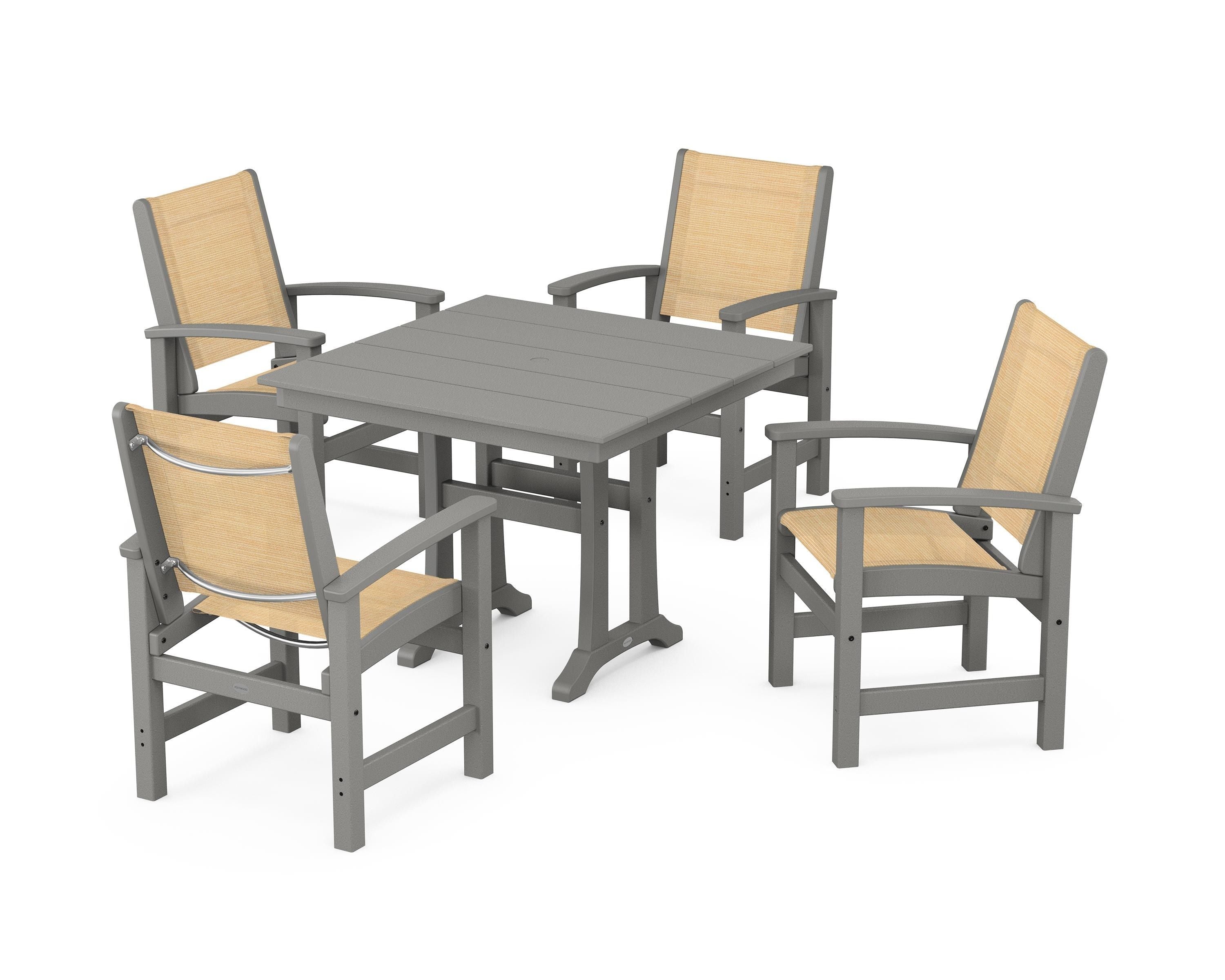 POLYWOOD Coastal 5-Piece Farmhouse Dining Set With Trestle Legs in Slate Grey / Dupioni Apricot Sling