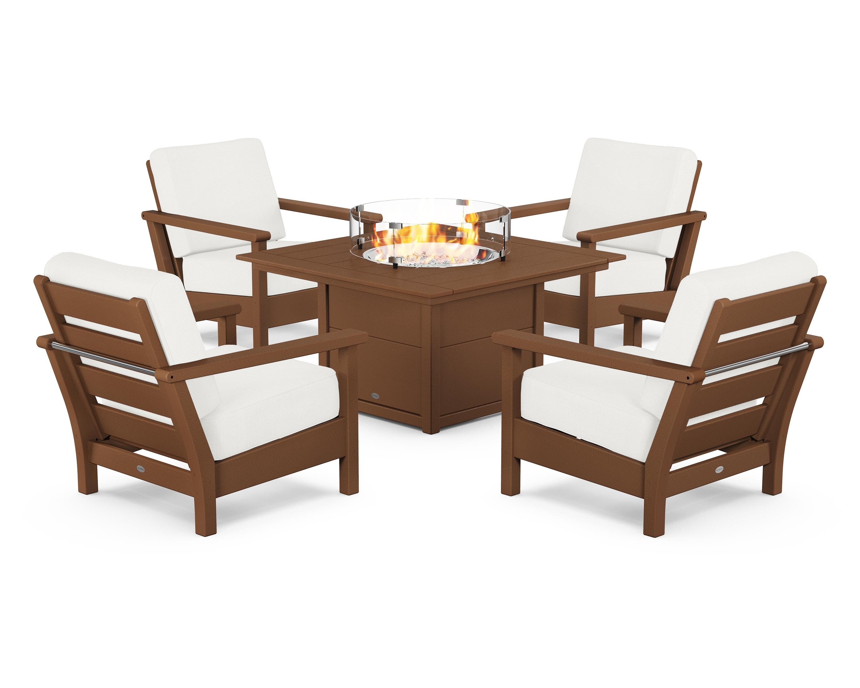 POLYWOOD Harbour 5-Piece Conversation Set with Fire Pit Table in Teak / Natural Linen