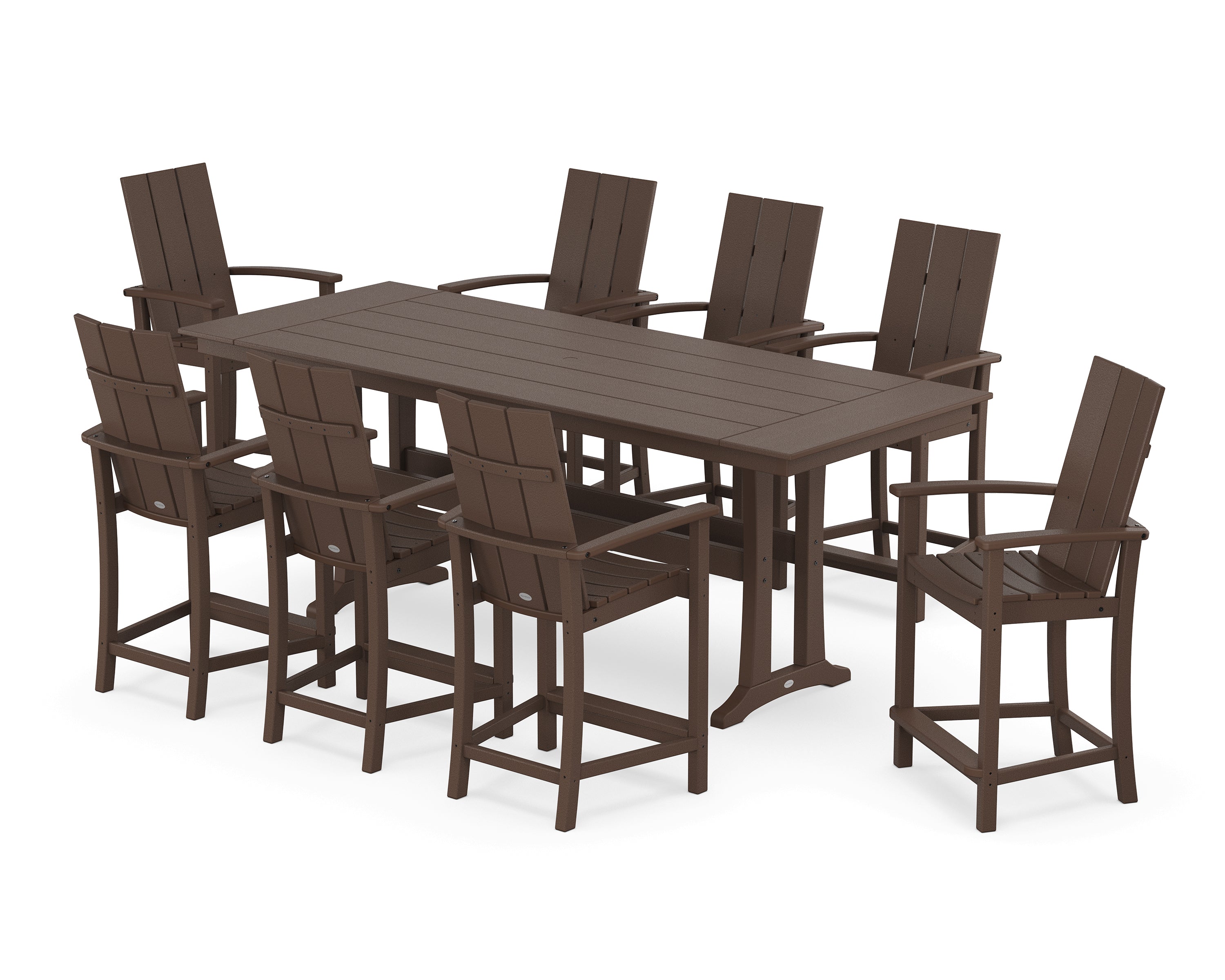 POLYWOOD® Modern Adirondack 9-Piece Farmhouse Counter Set with Trestle Legs in Mahogany