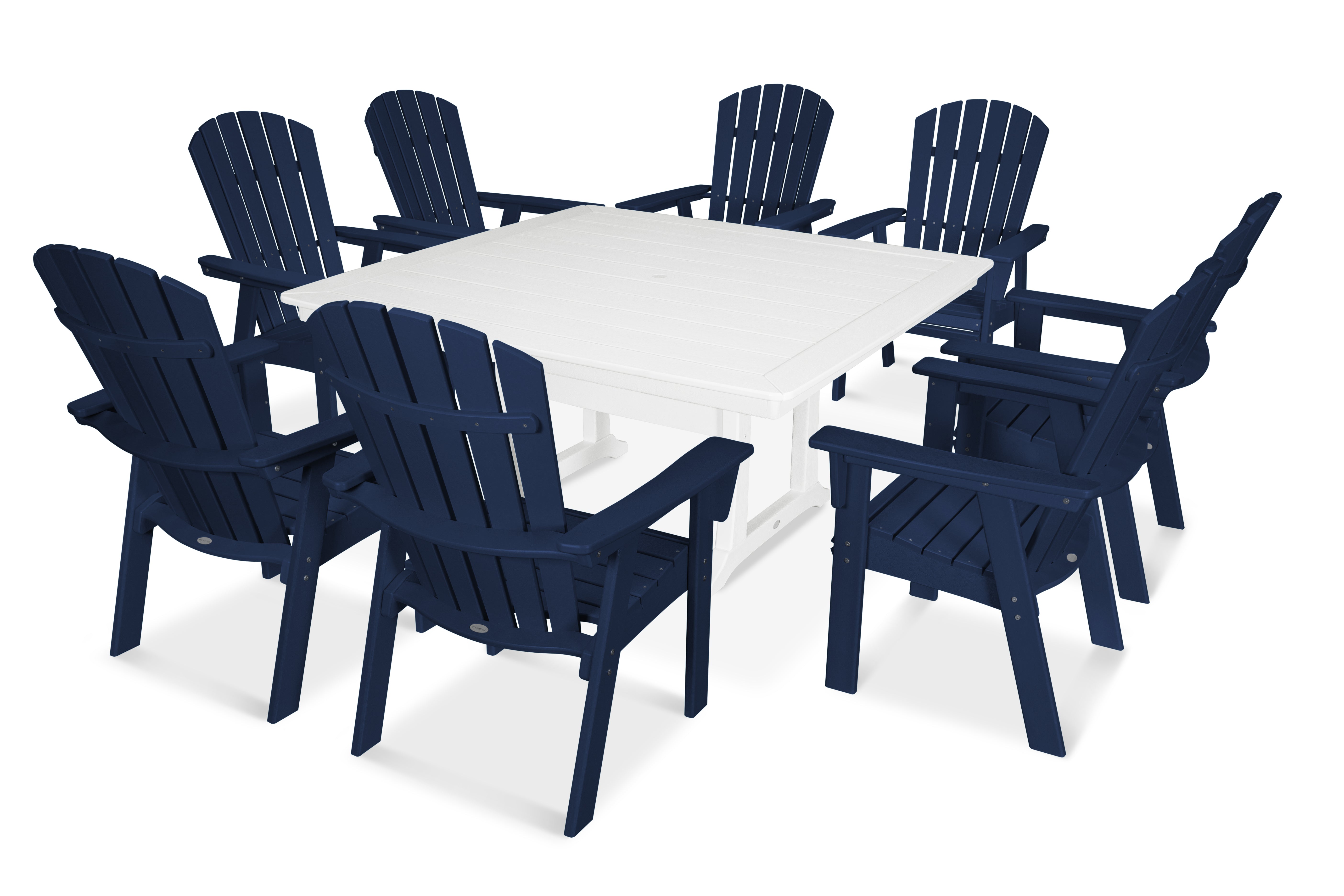 POLYWOOD® Nautical Adirondack 9-Piece Trestle Dining Set in Navy / White