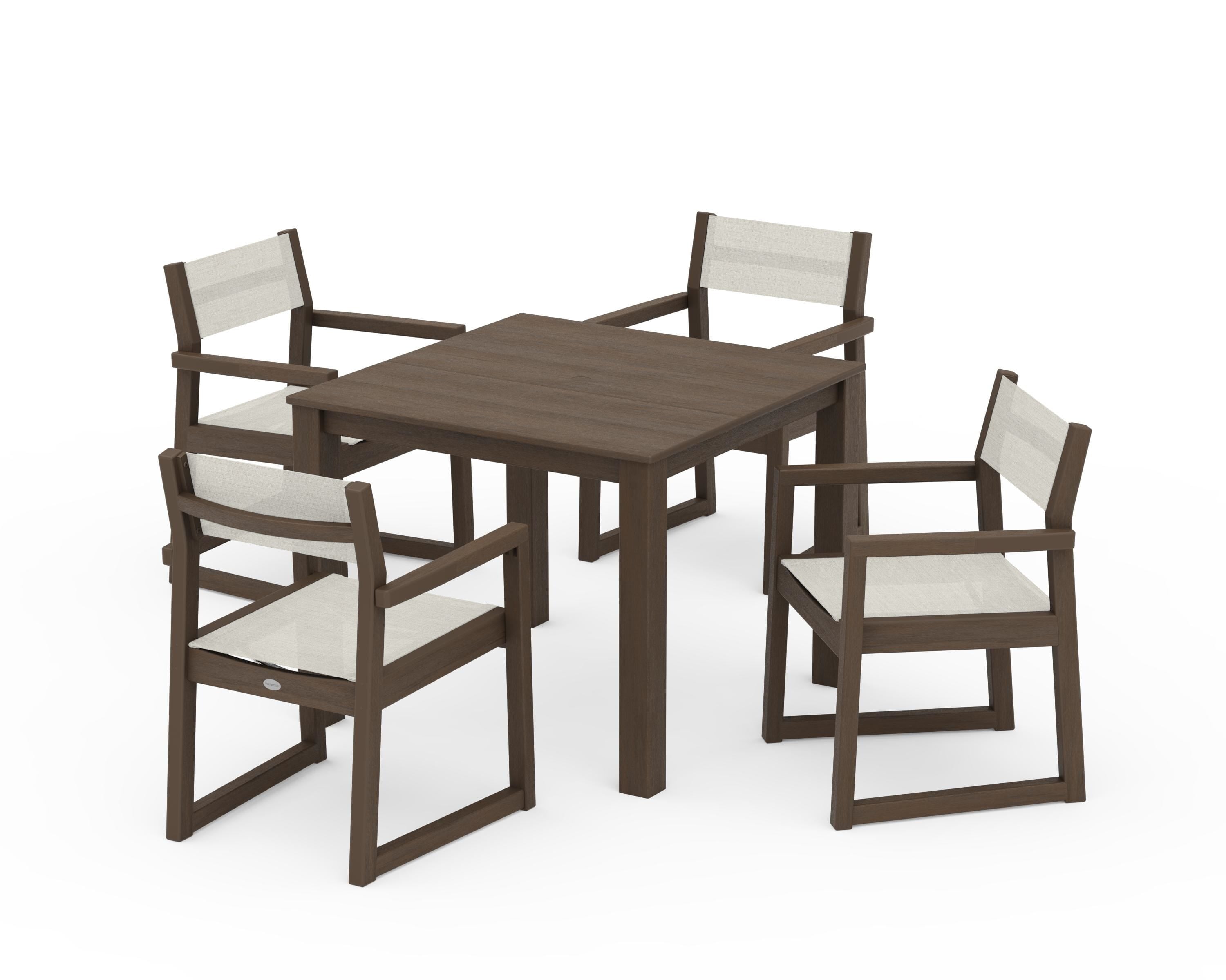 POLYWOOD EDGE Sling Arm Chair 5-Piece Parsons Dining Set in Kona / Parchment Sling