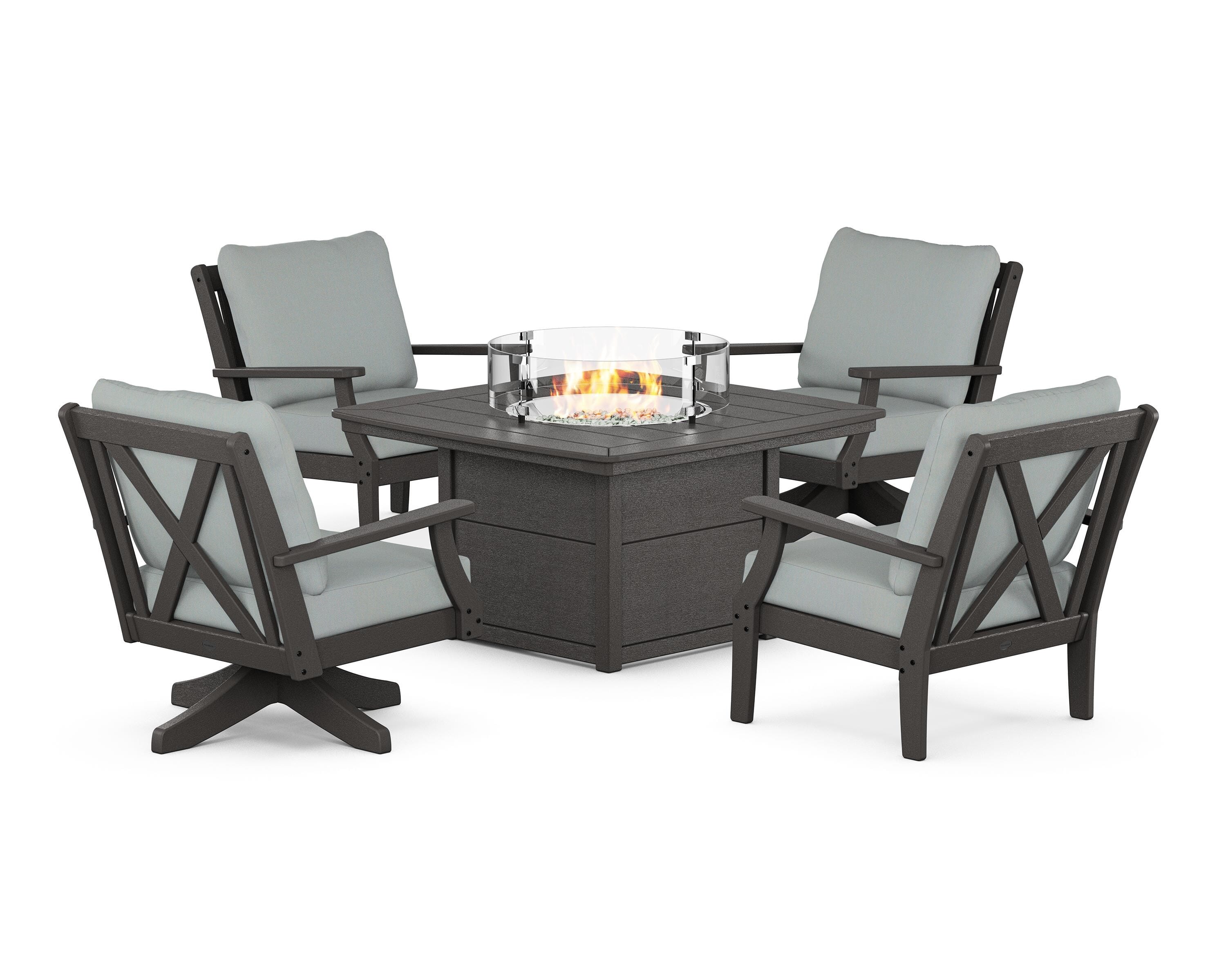 POLYWOOD Braxton 5-Piece Deep Seating Set with Fire Table in Vintage Coffee / Spa