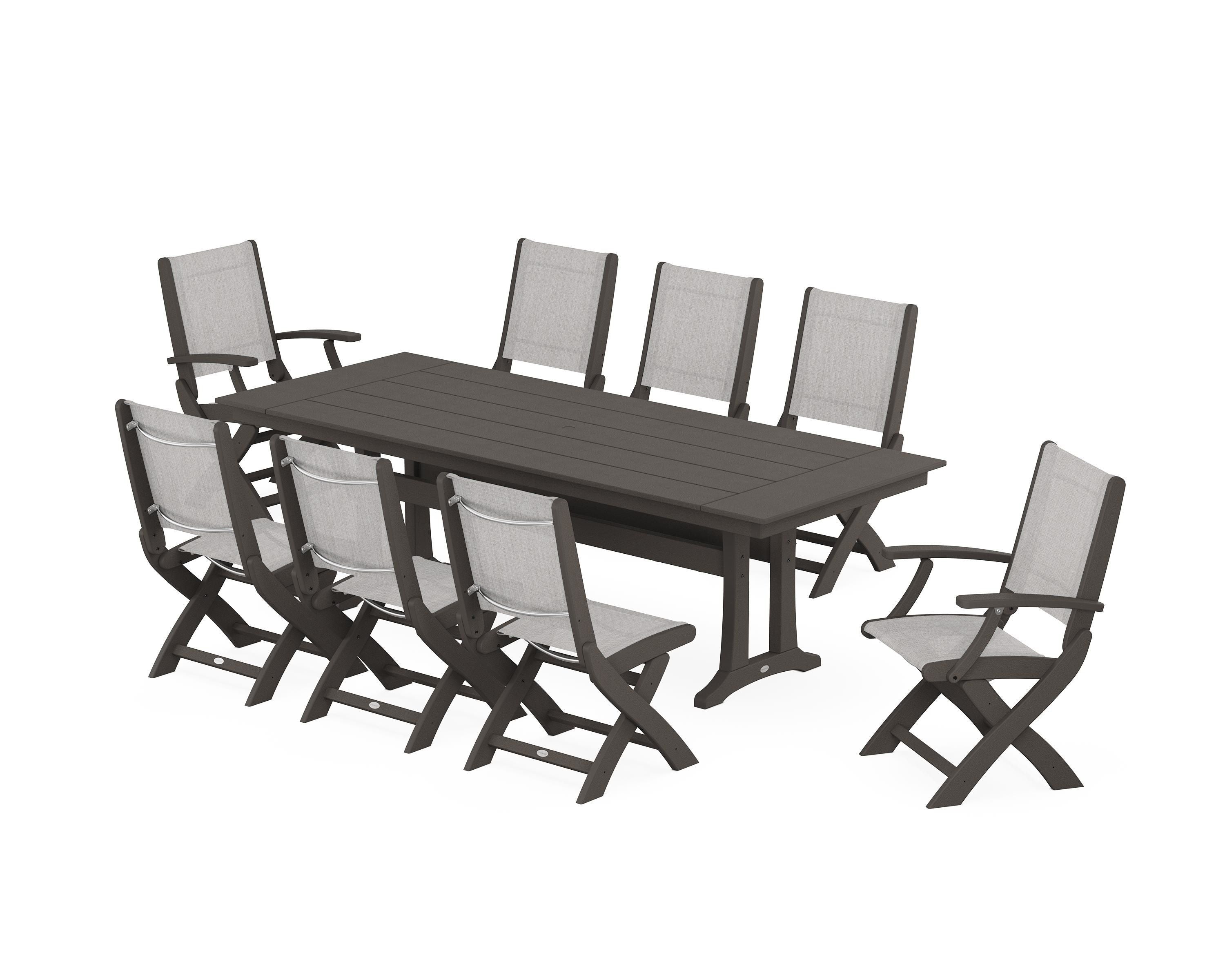 POLYWOOD Coastal 9-Piece Folding Dining Chair Farmhouse Dining Set with Trestle Legs in Vintage Coffee / Parchment Sling
