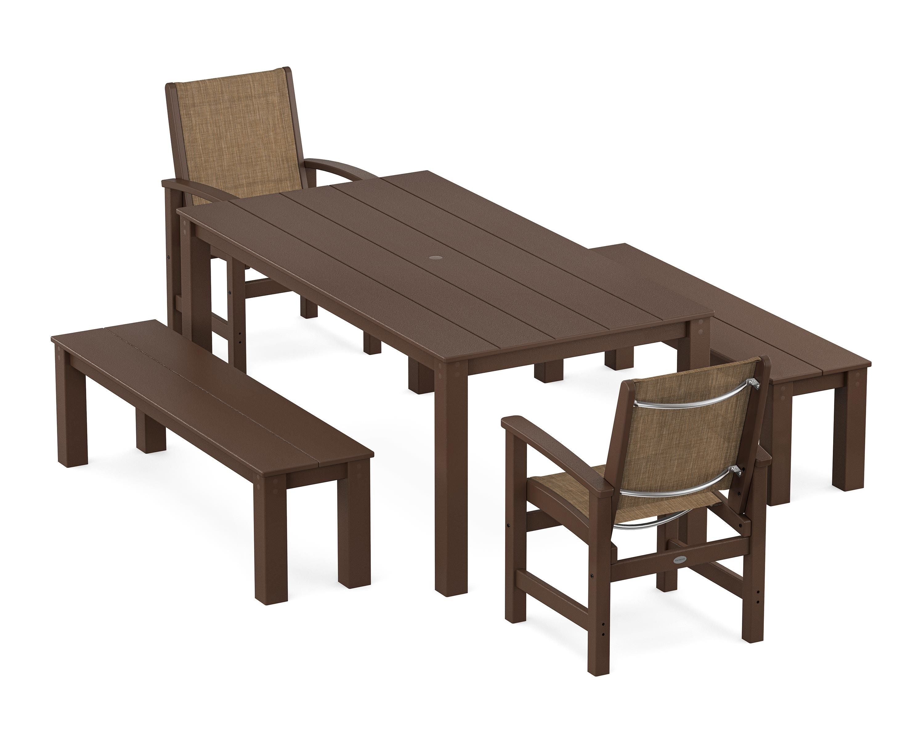 POLYWOOD Coastal 5-Piece Parsons Dining Set with Benches in Mahogany / Burlap Sling