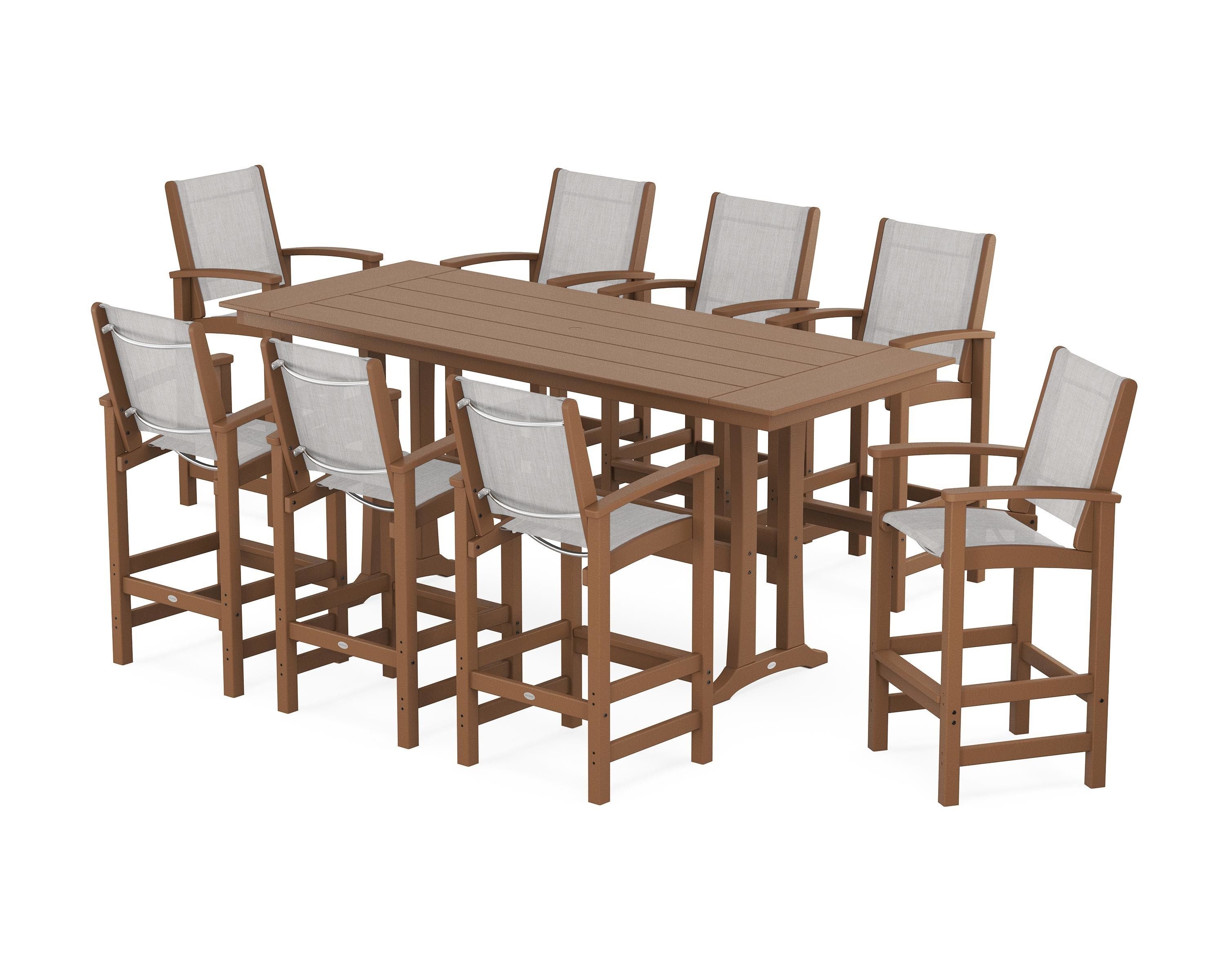 POLYWOOD Coastal 9-Piece Farmhouse Bar Set with Trestle Legs in Teak / Parchment Sling