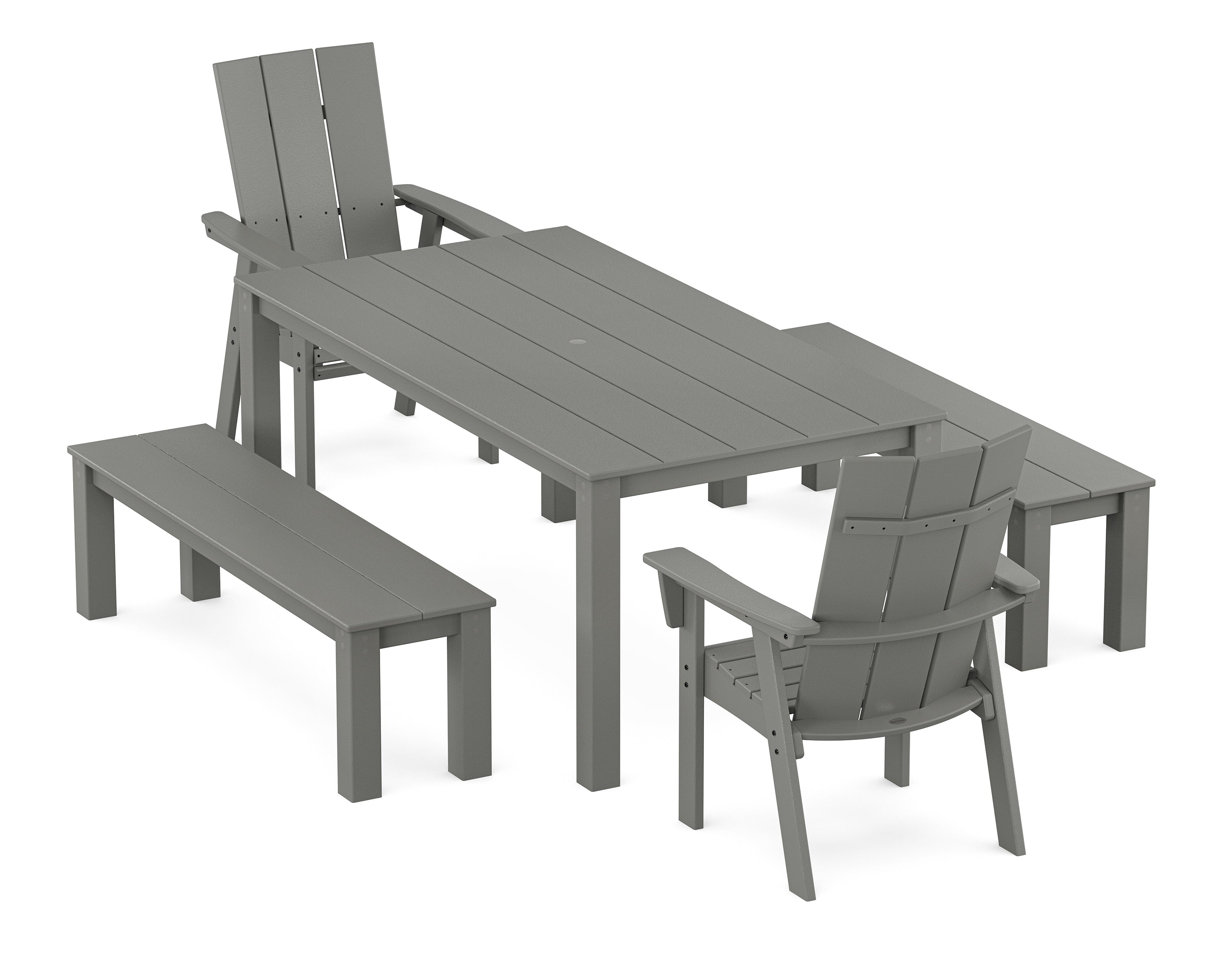 POLYWOOD® Modern Curveback Adirondack 5-Piece Parsons Dining Set with Benches in Slate Grey