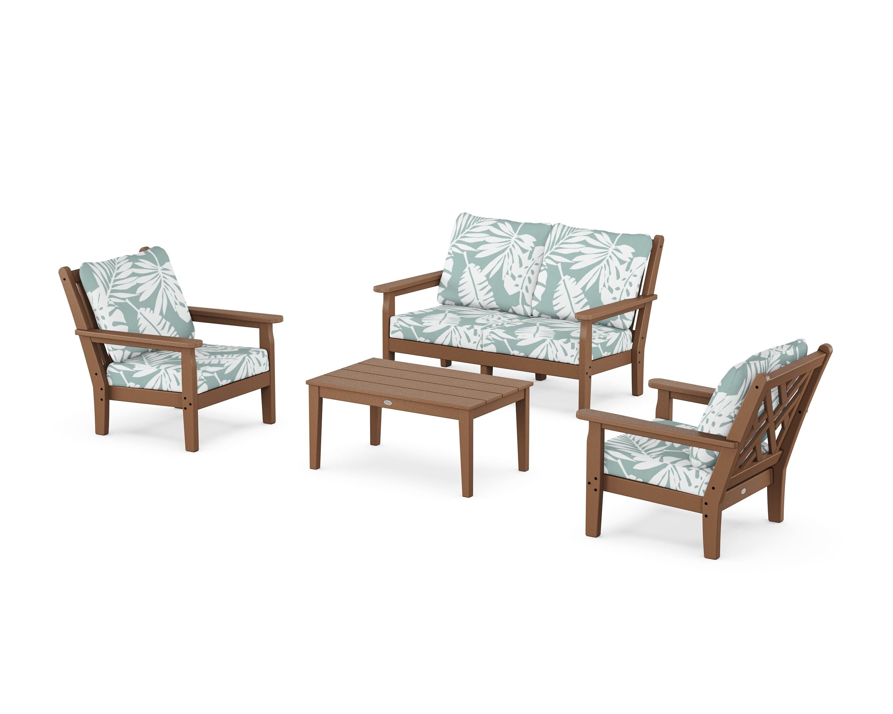 POLYWOOD Chippendale 4-Piece Deep Seating Set with Loveseat in Teak / Leaf Glacier Spa