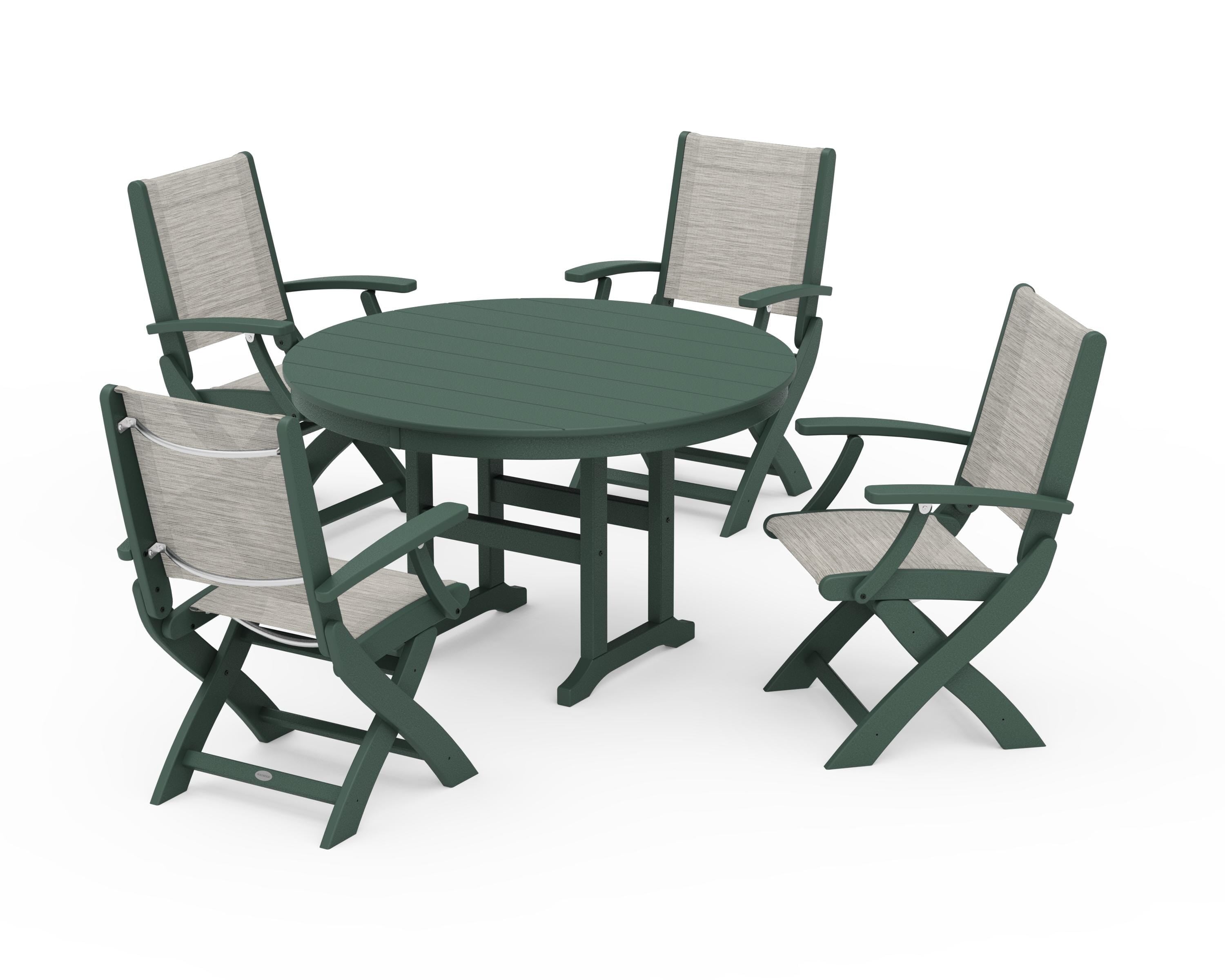 POLYWOOD Coastal Folding Chair 5-Piece Round Dining Set in Green / Birch Sling