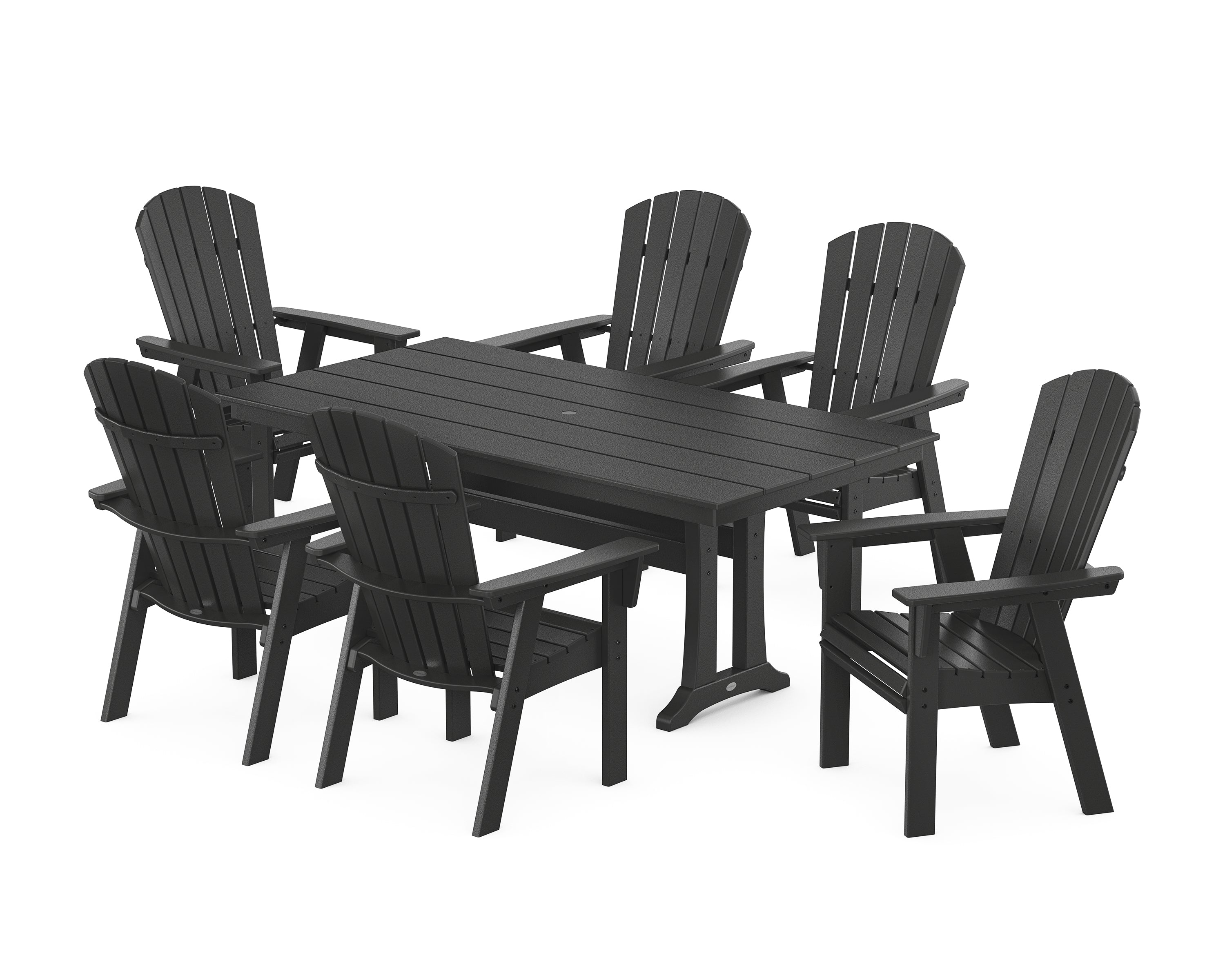 POLYWOOD Nautical Curveback Adirondack 7-Piece Farmhouse Dining Set with Trestle Legs in Black