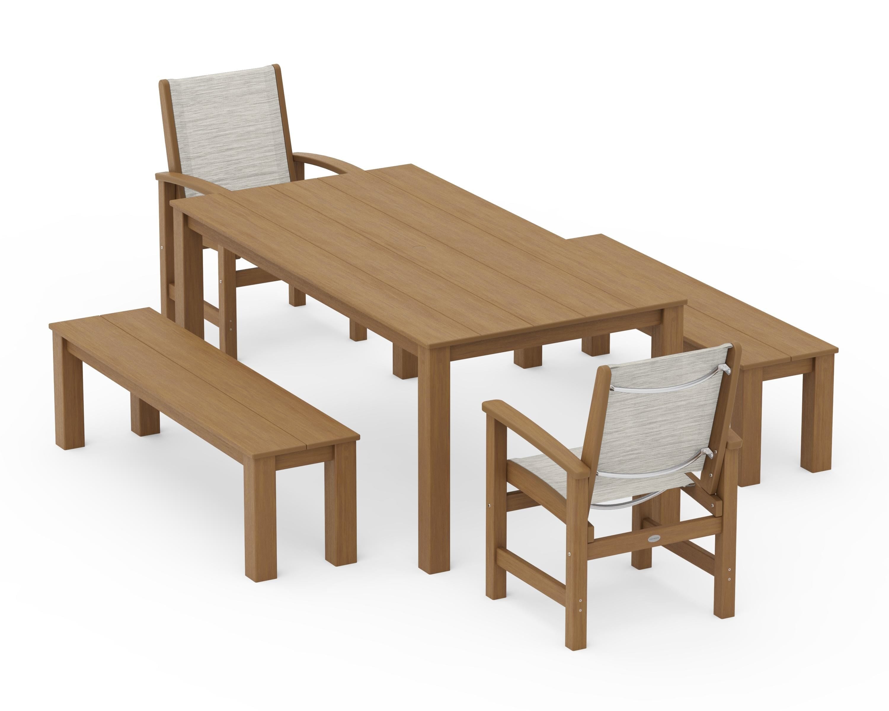 POLYWOOD Coastal 5-Piece Parsons Dining Set with Benches in Natural / Birch Sling