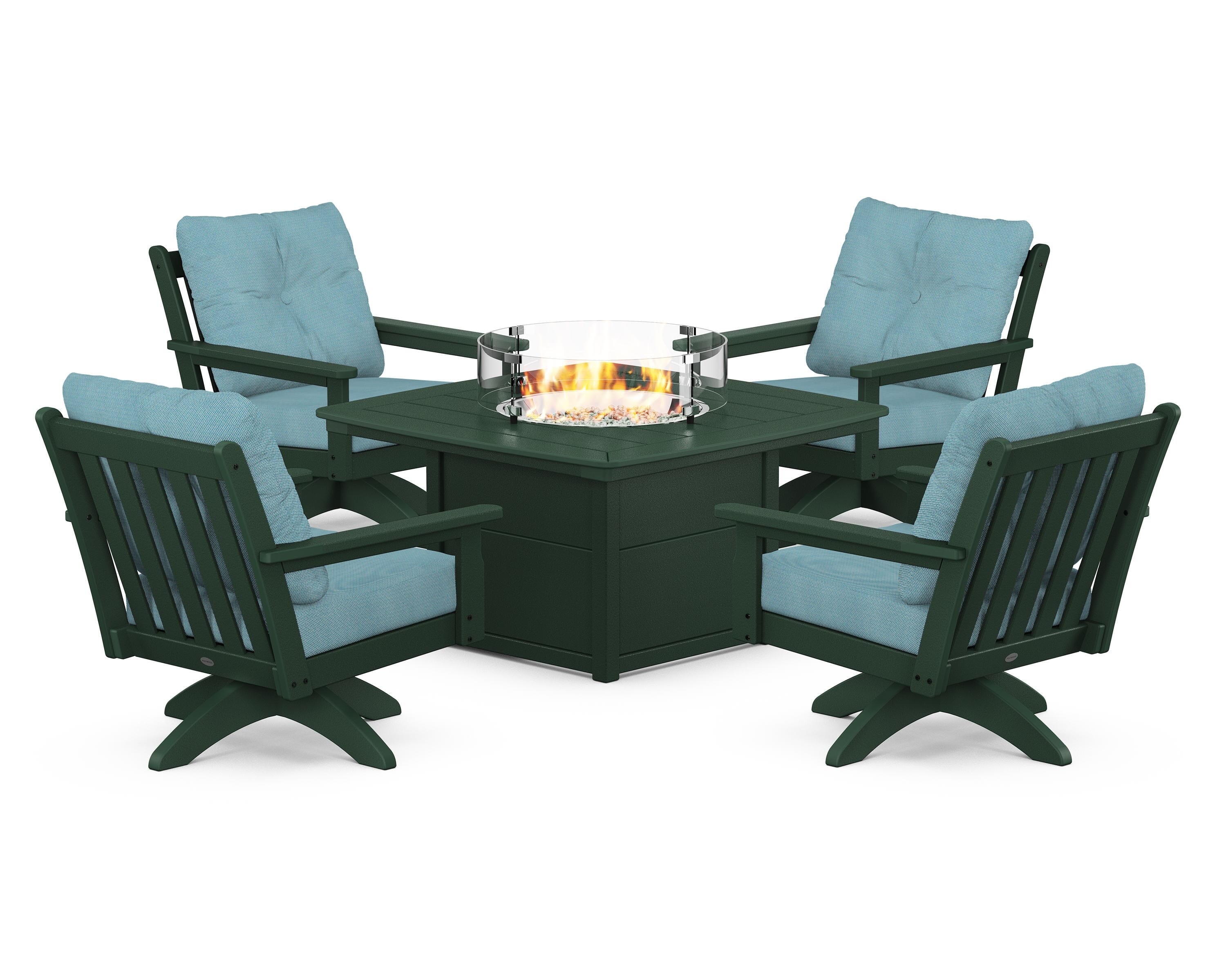 POLYWOOD Vineyard 5-Piece Deep Seating Swivel Conversation Set with Fire Pit Table in Green / Lattice Sky Blue