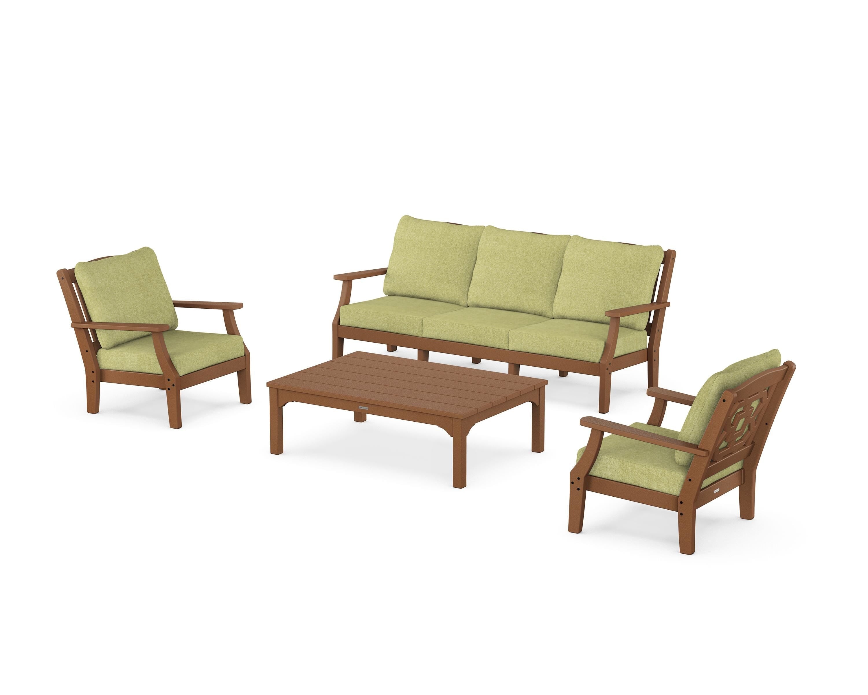Martha Stewart by POLYWOOD Chinoiserie 4-Piece Deep Seating Set with Sofa in Teak / Chartreuse Boucle