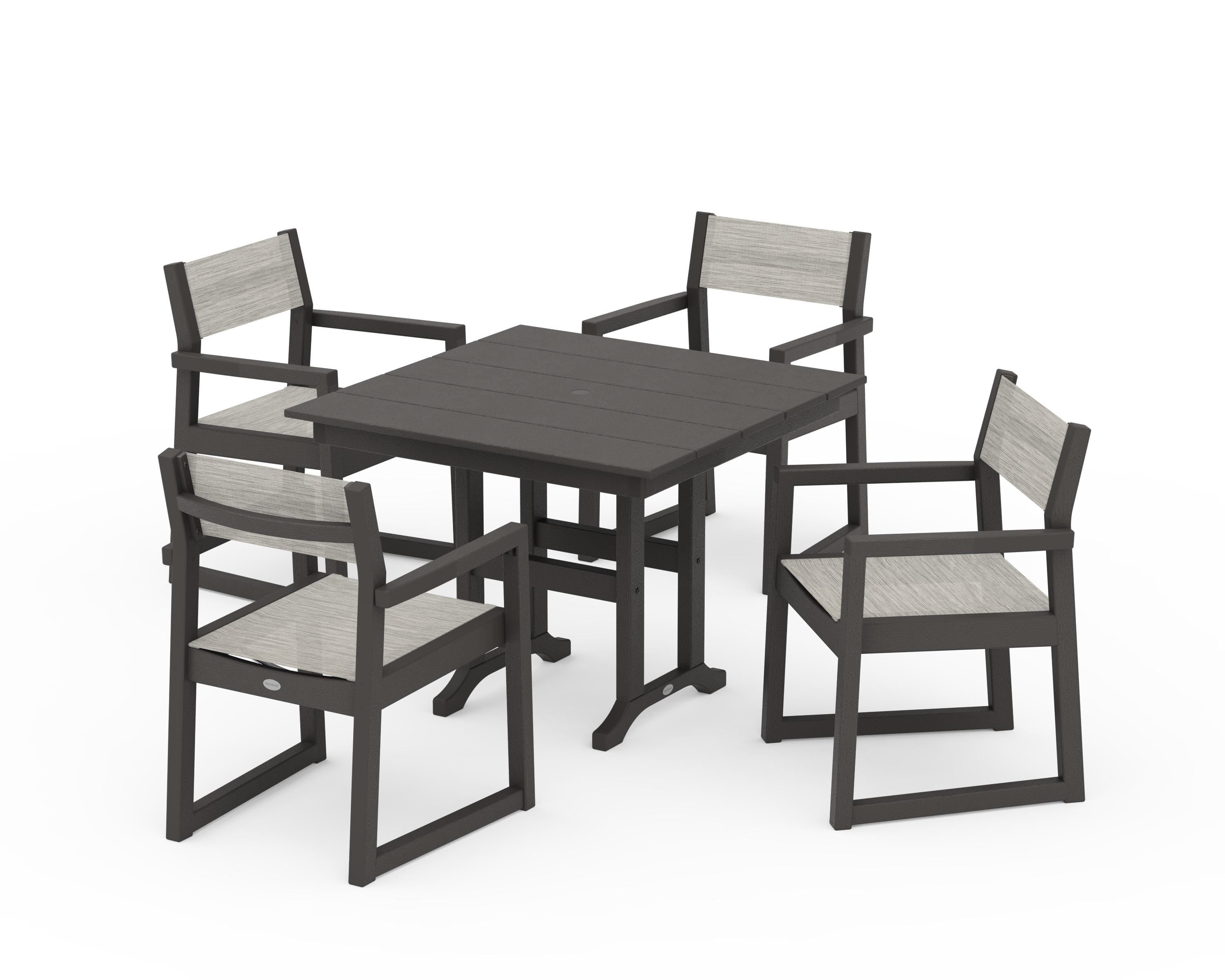 POLYWOOD EDGE Sling Arm Chair 5-Piece Farmhouse Dining Set in Vintage Coffee / Birch Sling