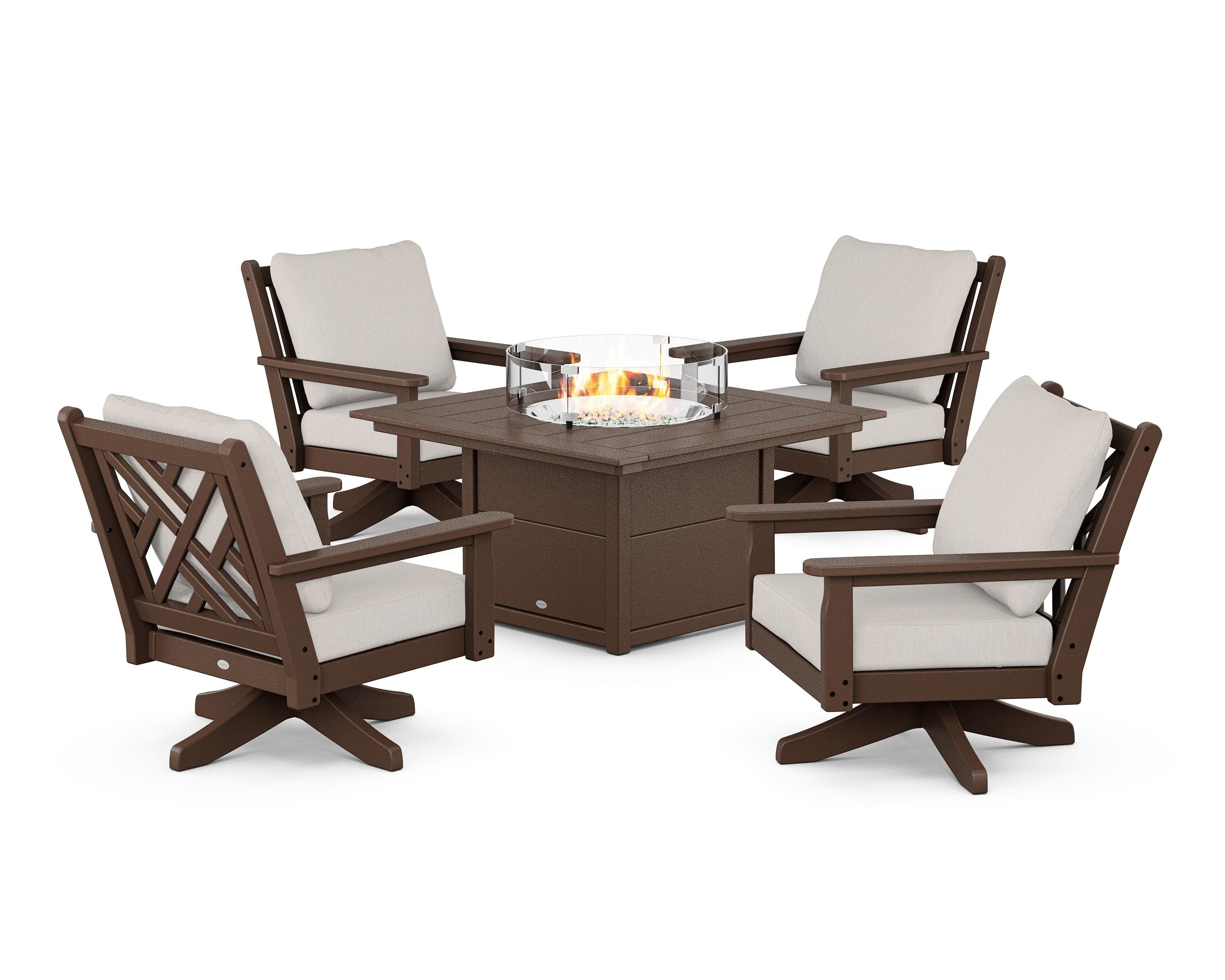POLYWOOD Chippendale 5-Piece Deep Seating Swivel Conversation Set with Fire Pit Table in Mahogany / Cast Ash