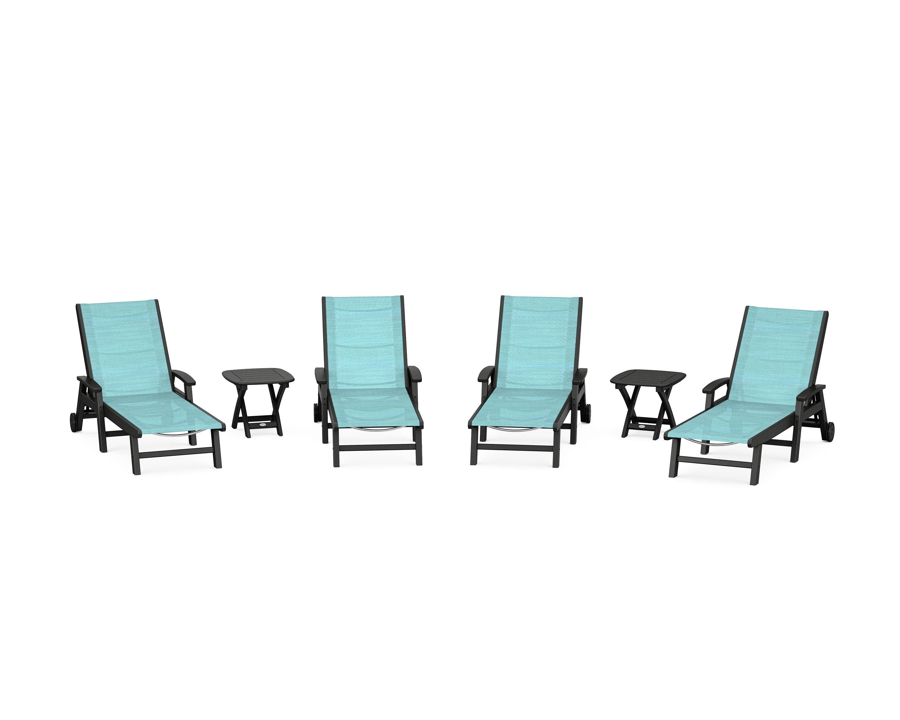 POLYWOOD Coastal Chaise 6-Piece Set with Wheels in Black / Dupioni Aquamarine Sling