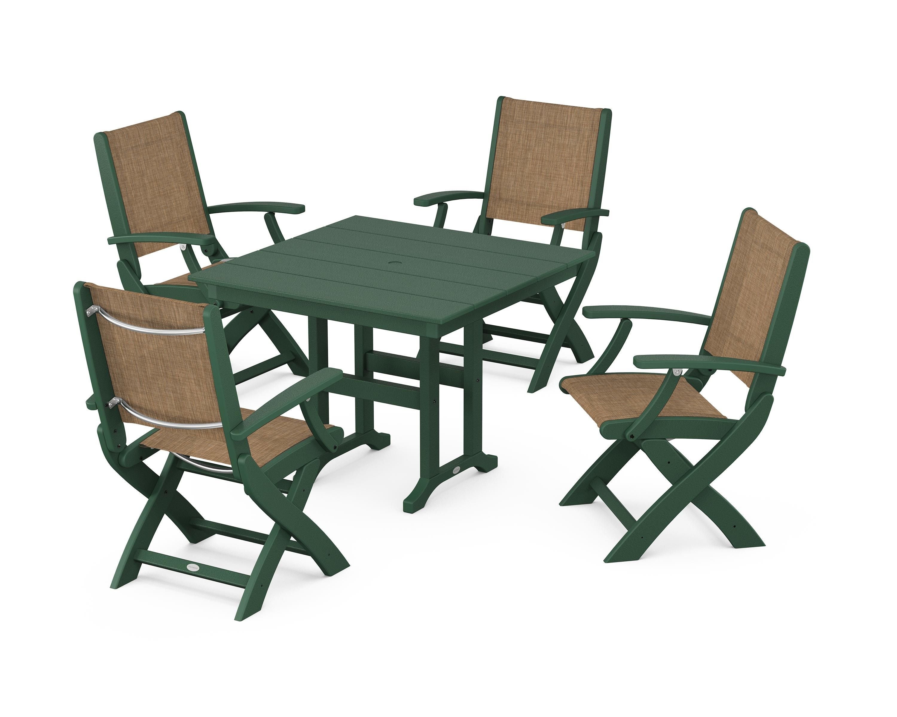 POLYWOOD Coastal Folding Chair 5-Piece Farmhouse Dining Set in Green / Burlap Sling