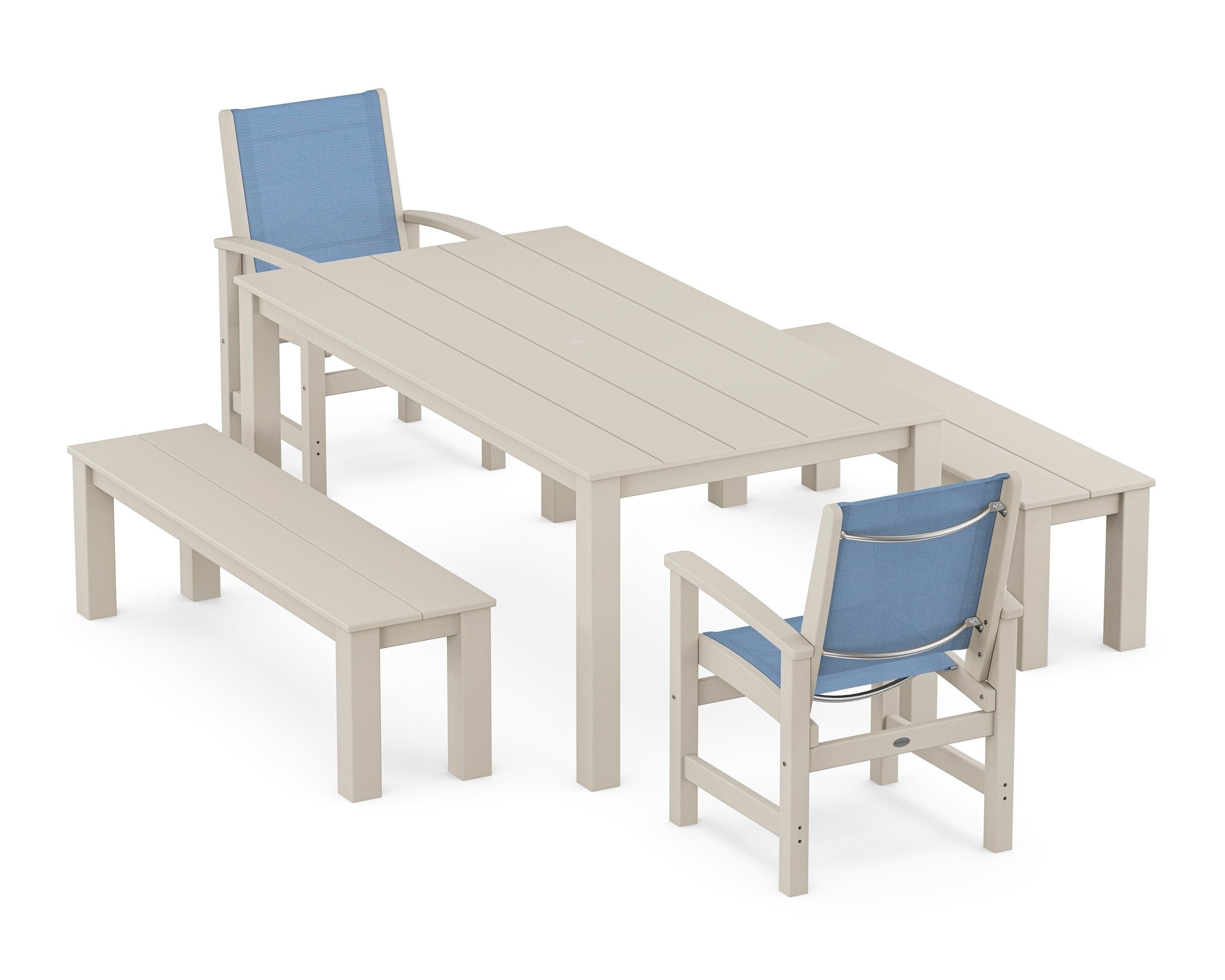 POLYWOOD Coastal 5-Piece Parsons Dining Set with Benches in Sand / Poolside Sling