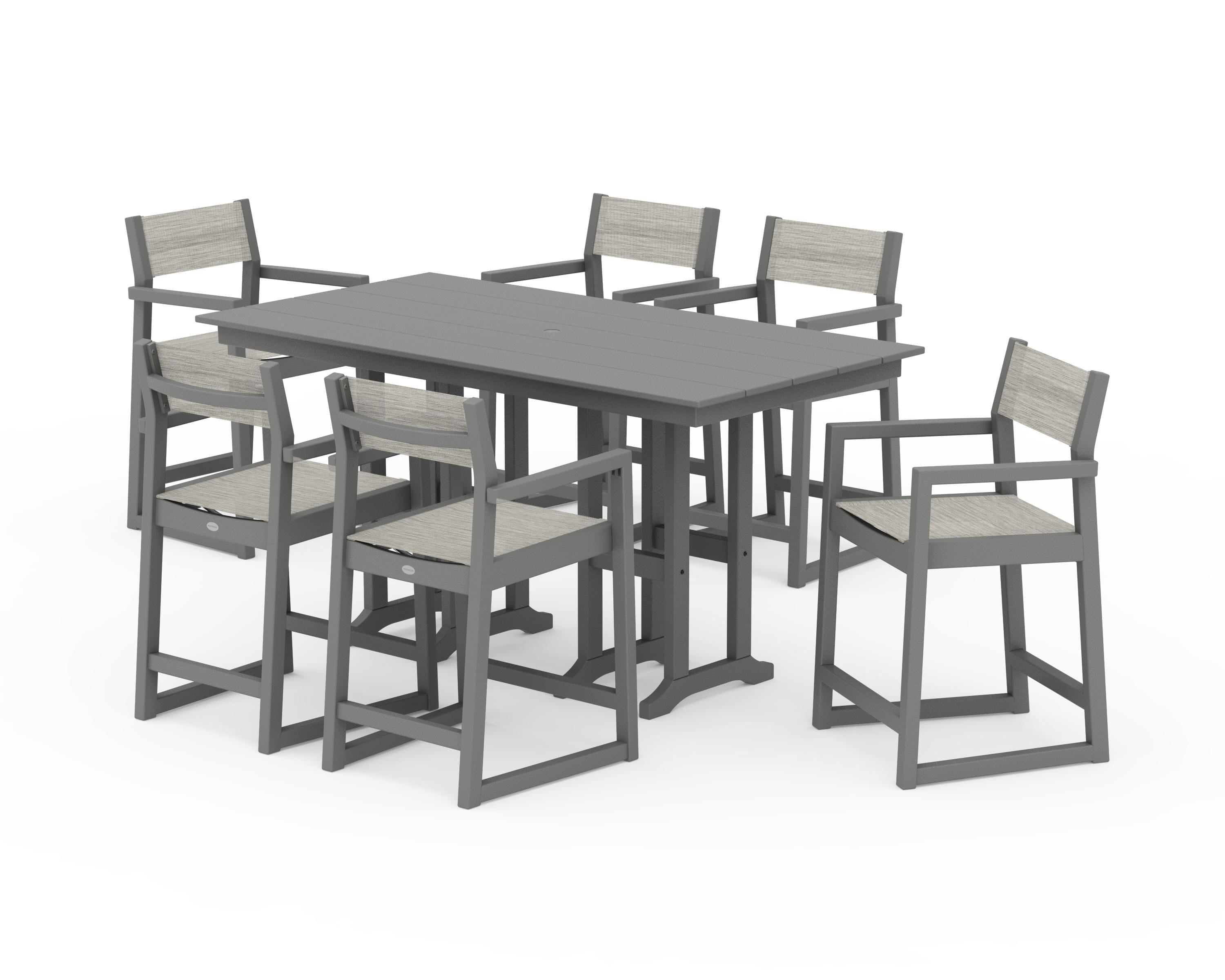 POLYWOOD EDGE Sling Arm Chair 7-Piece Farmhouse Counter Set in Slate Grey / Birch Sling