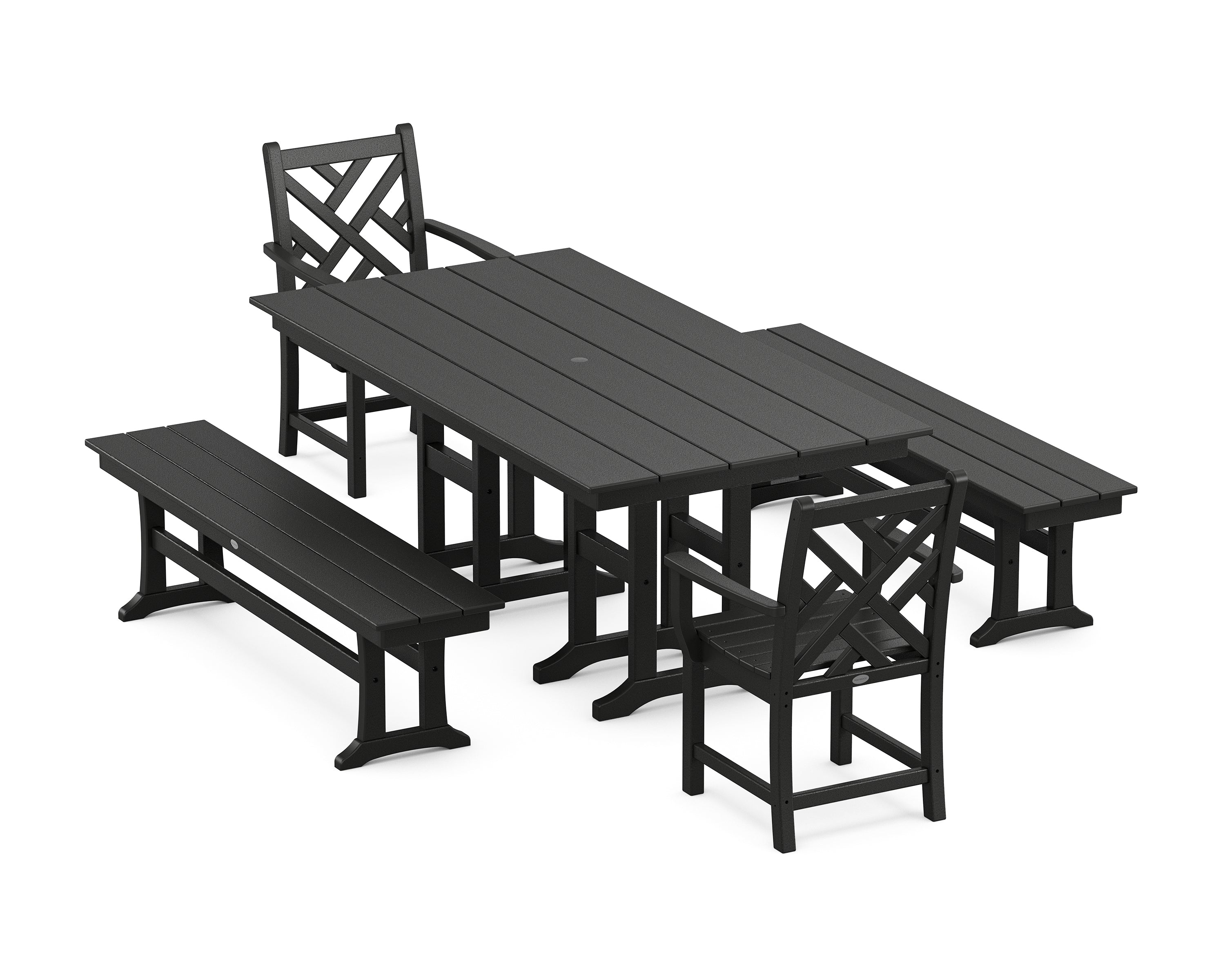POLYWOOD Chippendale 5-Piece Farmhouse Dining Set with Benches in Black